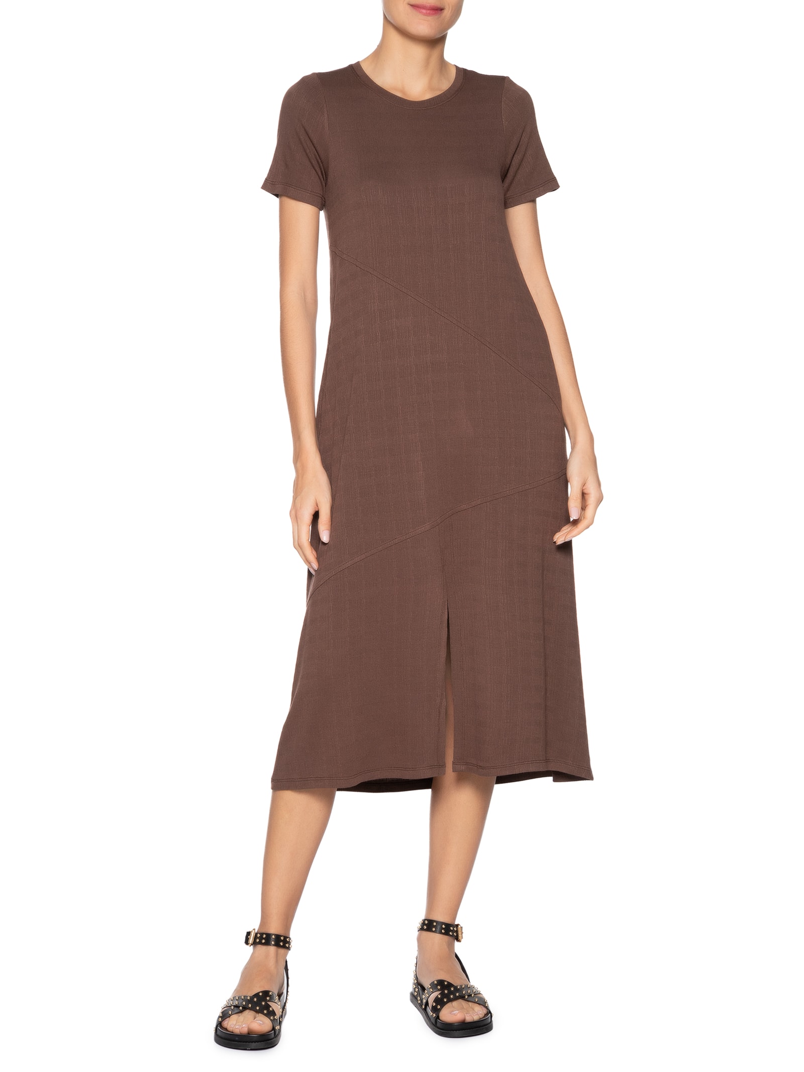 Vestido Midi Manga Curta com Recortes – Preto Basiq