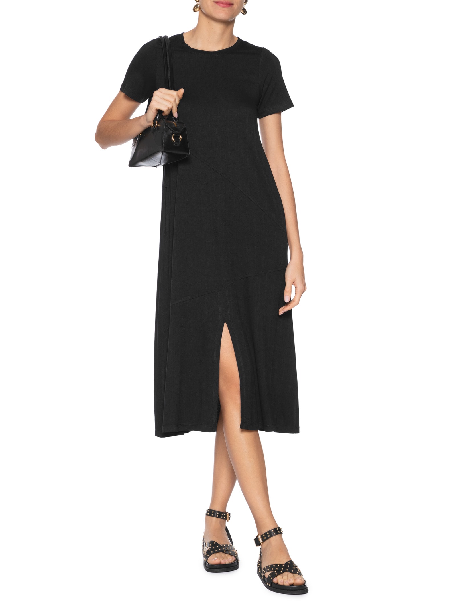 Vestido Midi Manga Curta com Recortes – Preto Basiq