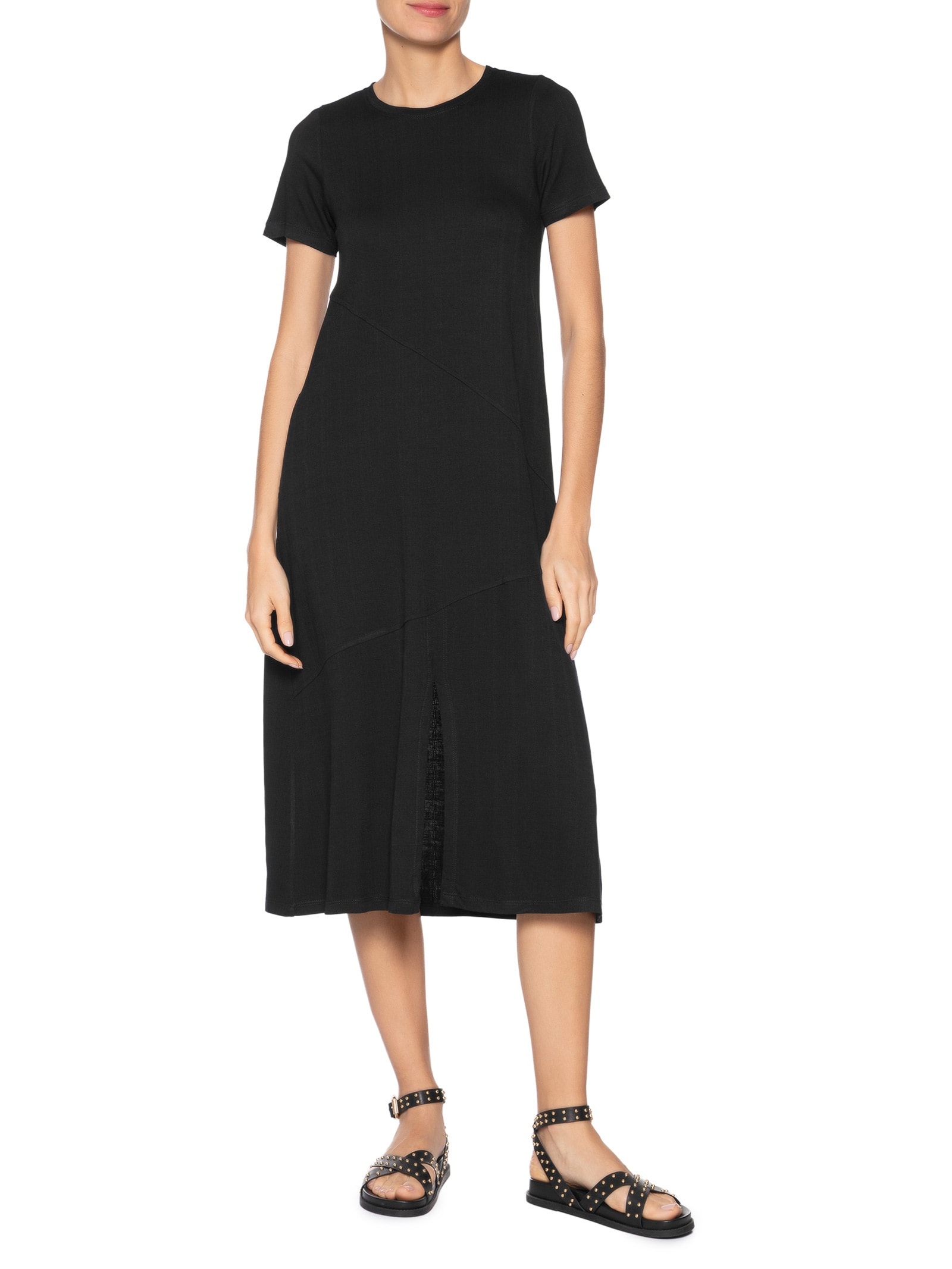 Vestido Midi Manga Curta com Recortes – Preto Basiq