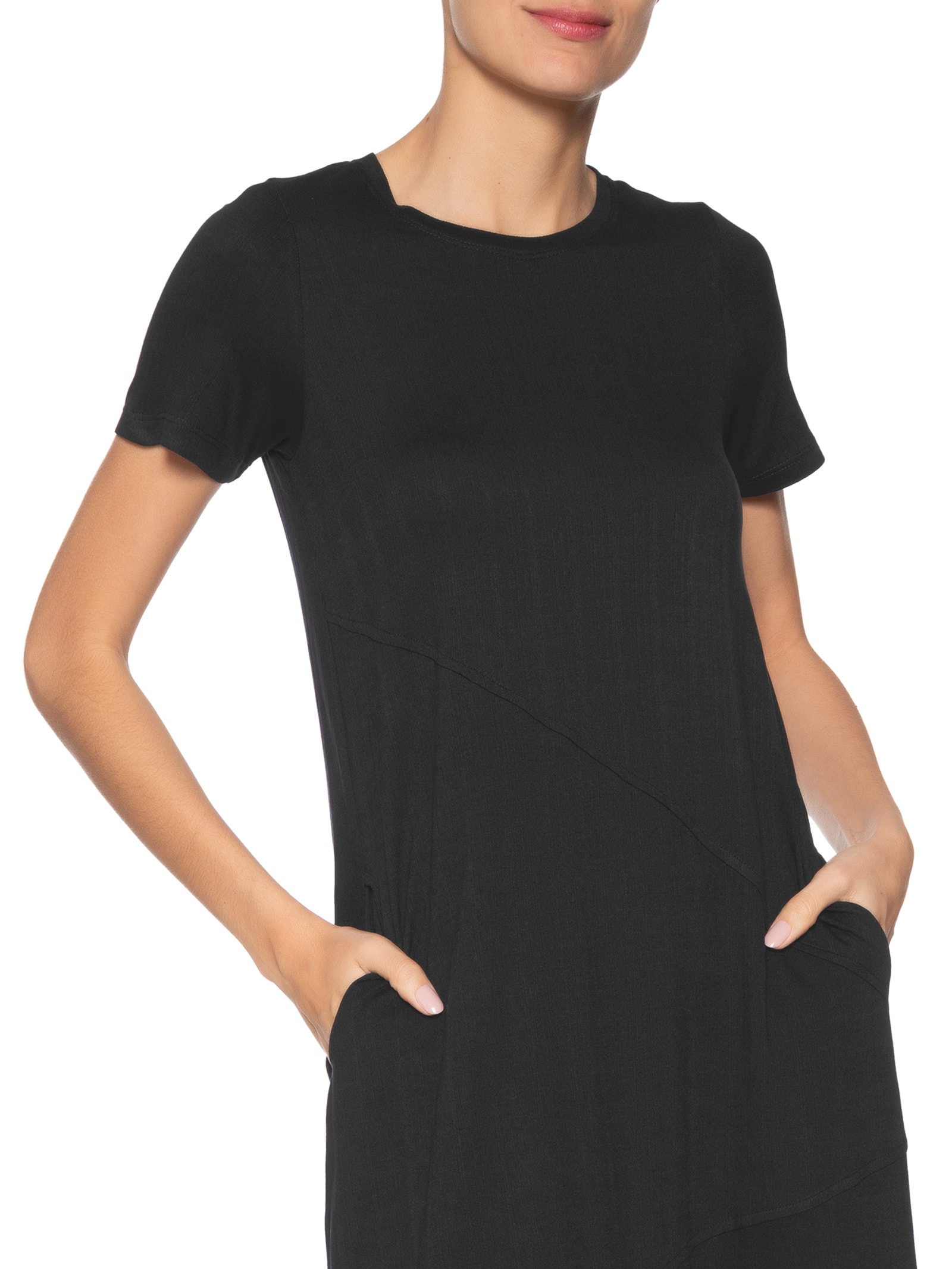 Vestido Midi Manga Curta com Recortes – Preto Basiq