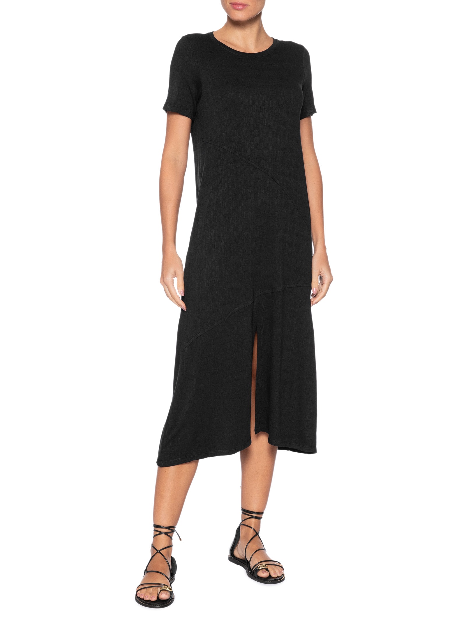 Vestido Midi Manga Curta com Recortes – Preto Basiq