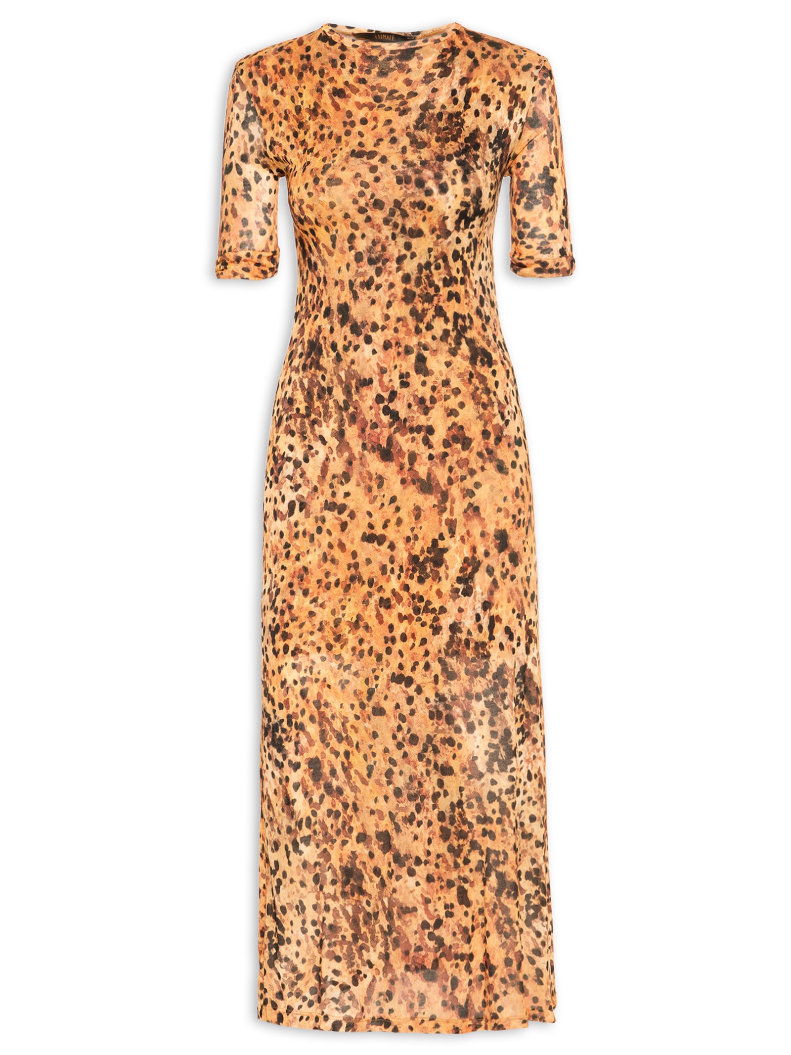 Vestido Midi Manga Franzida Marrom Animale