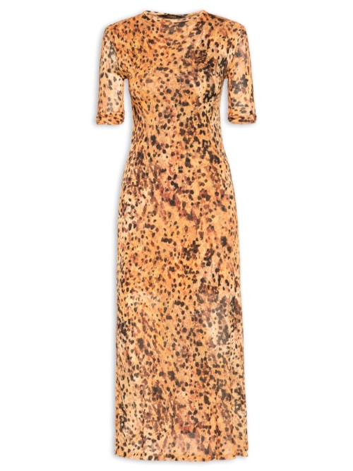 Vestido Midi Manga Franzida - Marrom