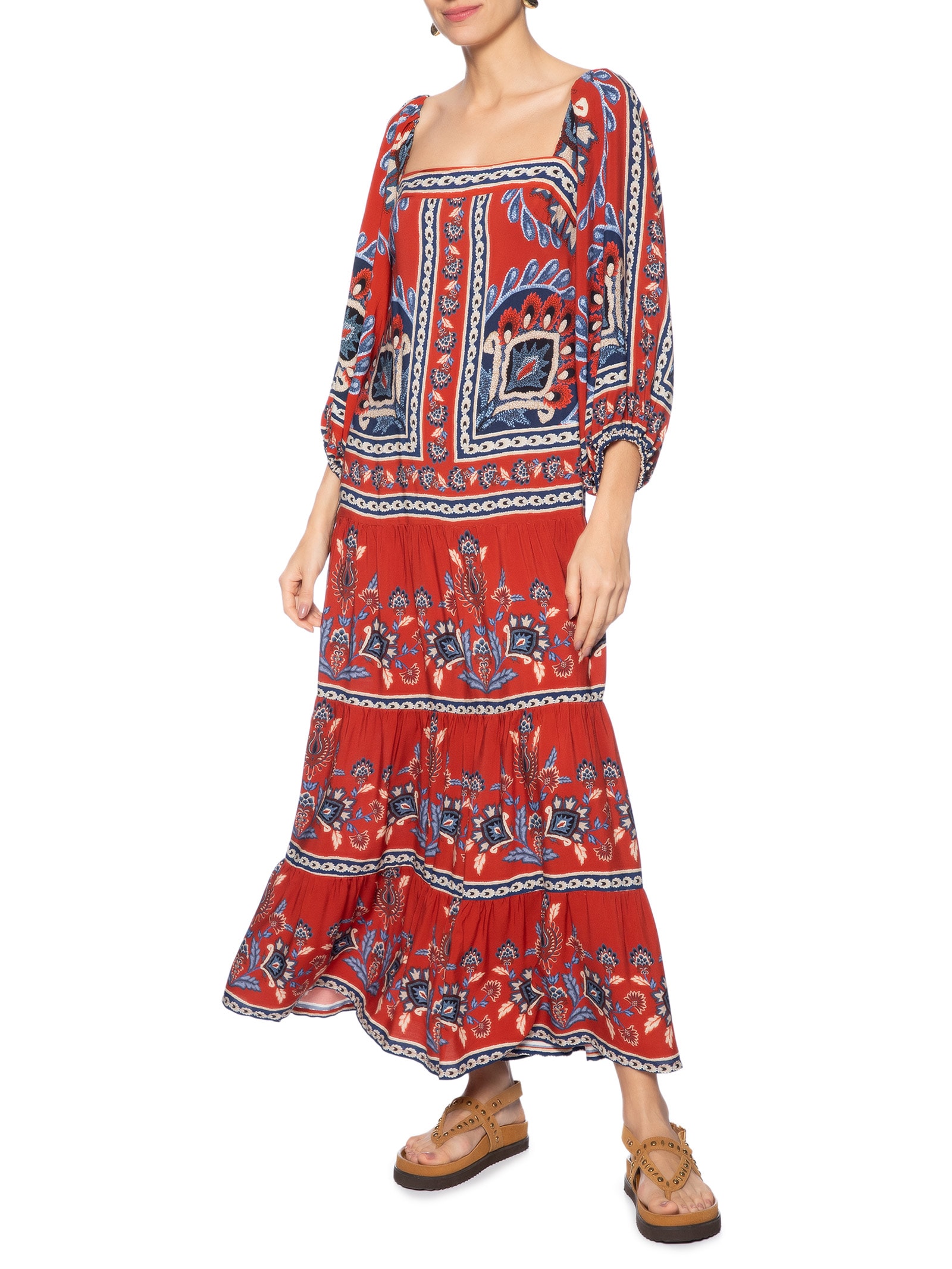 Vestido Midi Manga Lenço Náutico Vermelho Farm