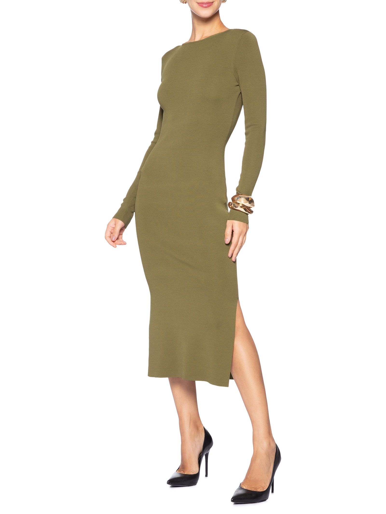 Vestido Midi Manga Longa Metal Tricot Verde Animale