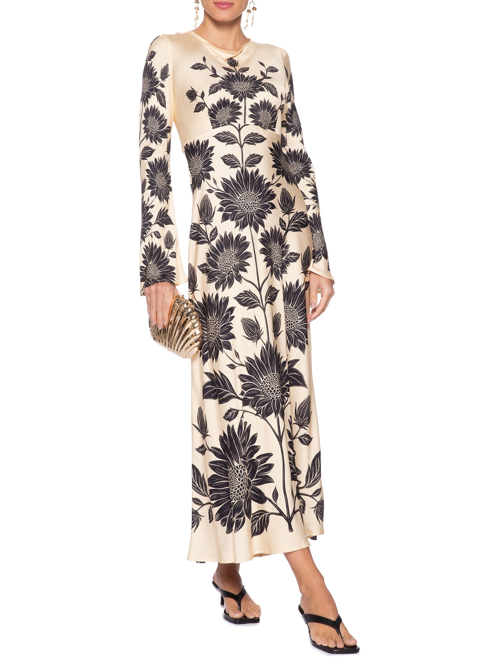 Vestido Midi Manga Maria Lia Bege Farm