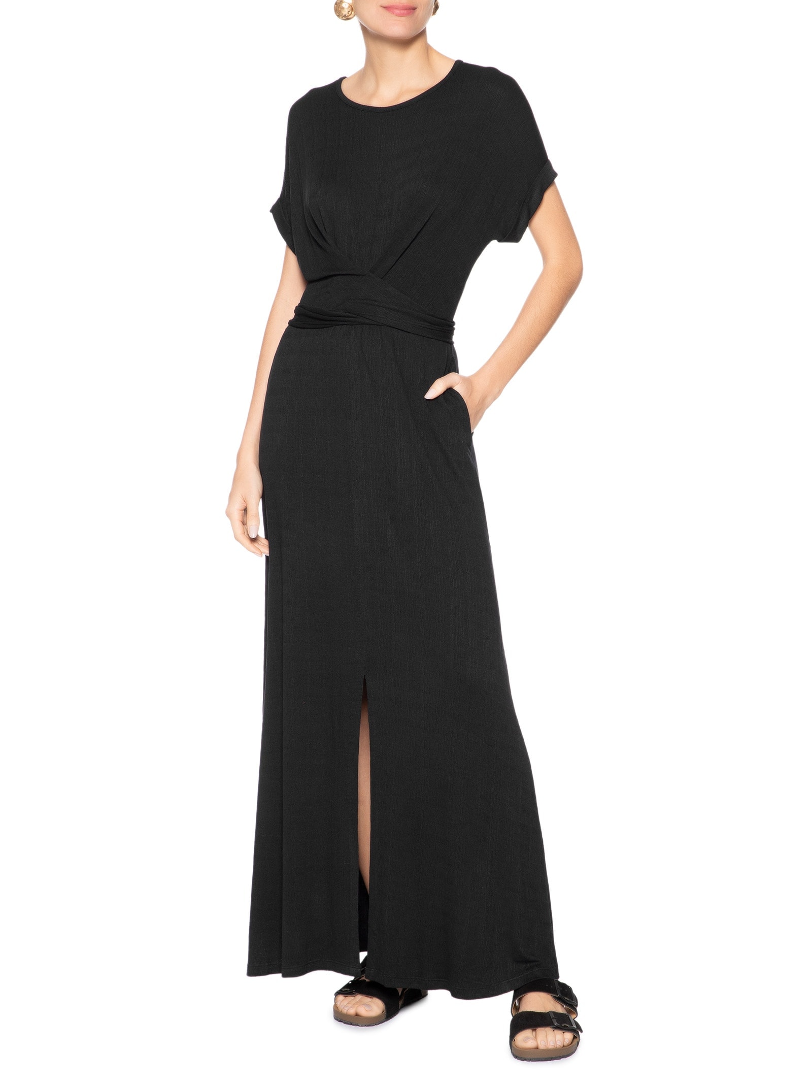 Vestido Midi Manga Morcego Transpassado Preto Basiq