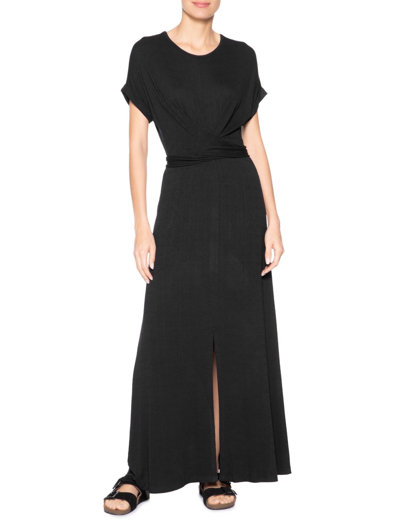 Vestido Midi Manga Morcego Transpassado Preto Basiq