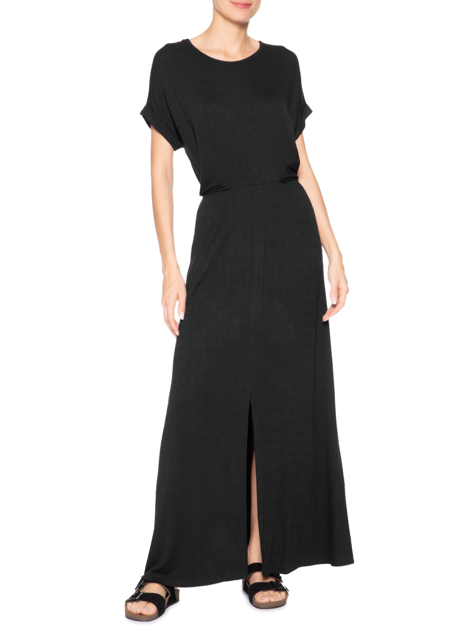 Vestido Midi Manga Morcego Transpassado Preto Basiq