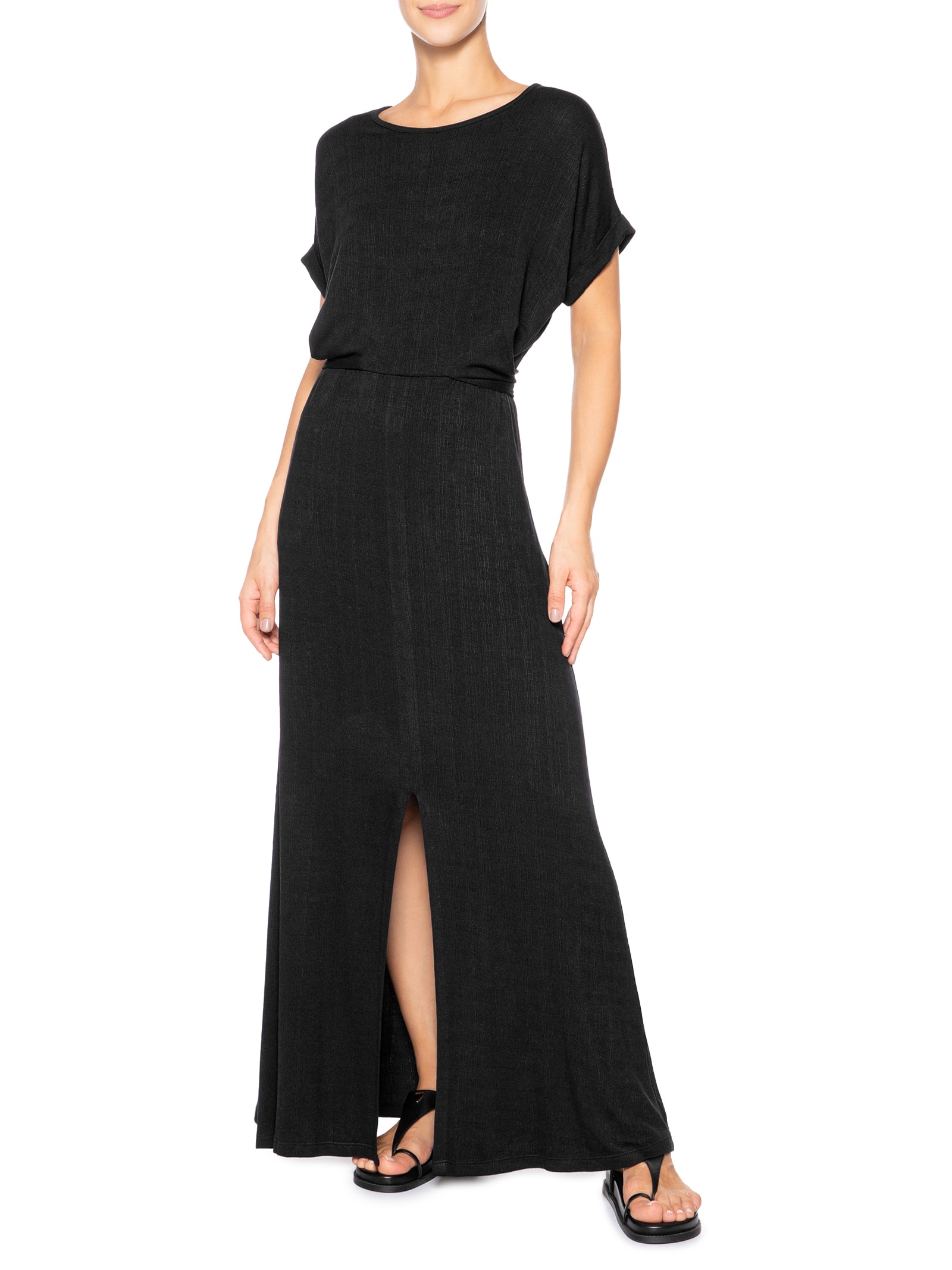 Vestido Midi Manga Morcego Transpassado Preto Basiq