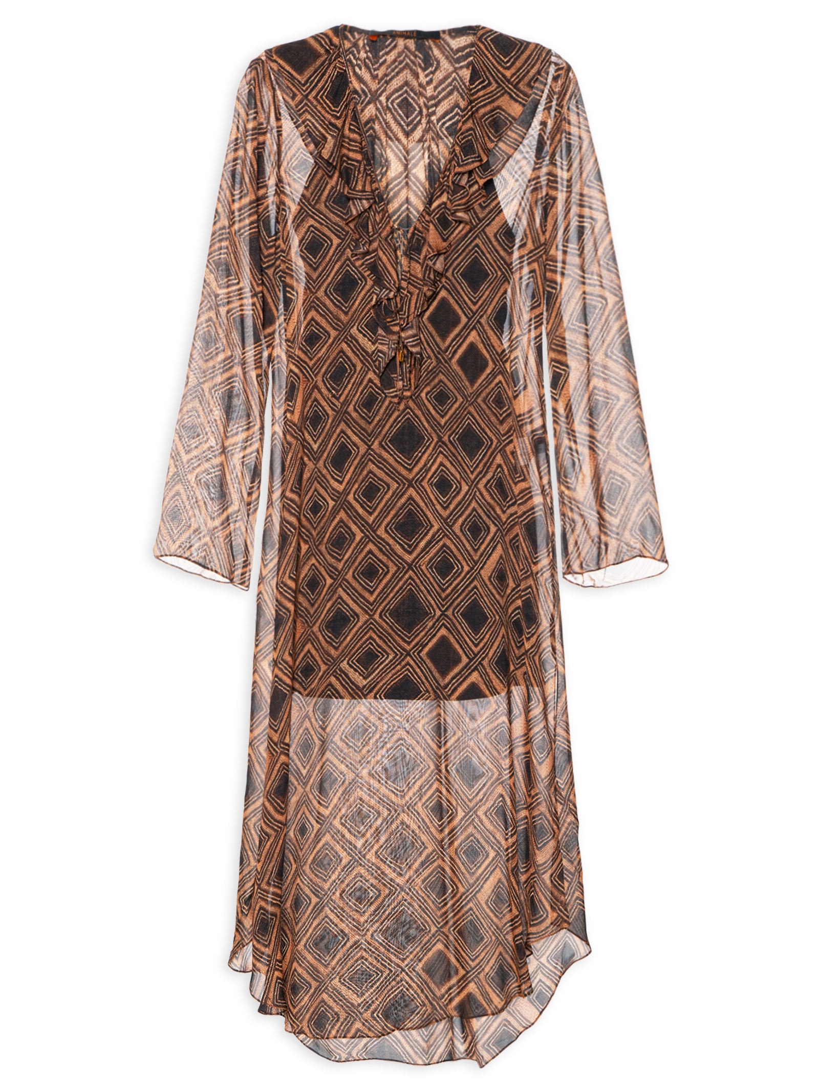 Vestido Midi Manga Textura Taipas Marrom  Animale