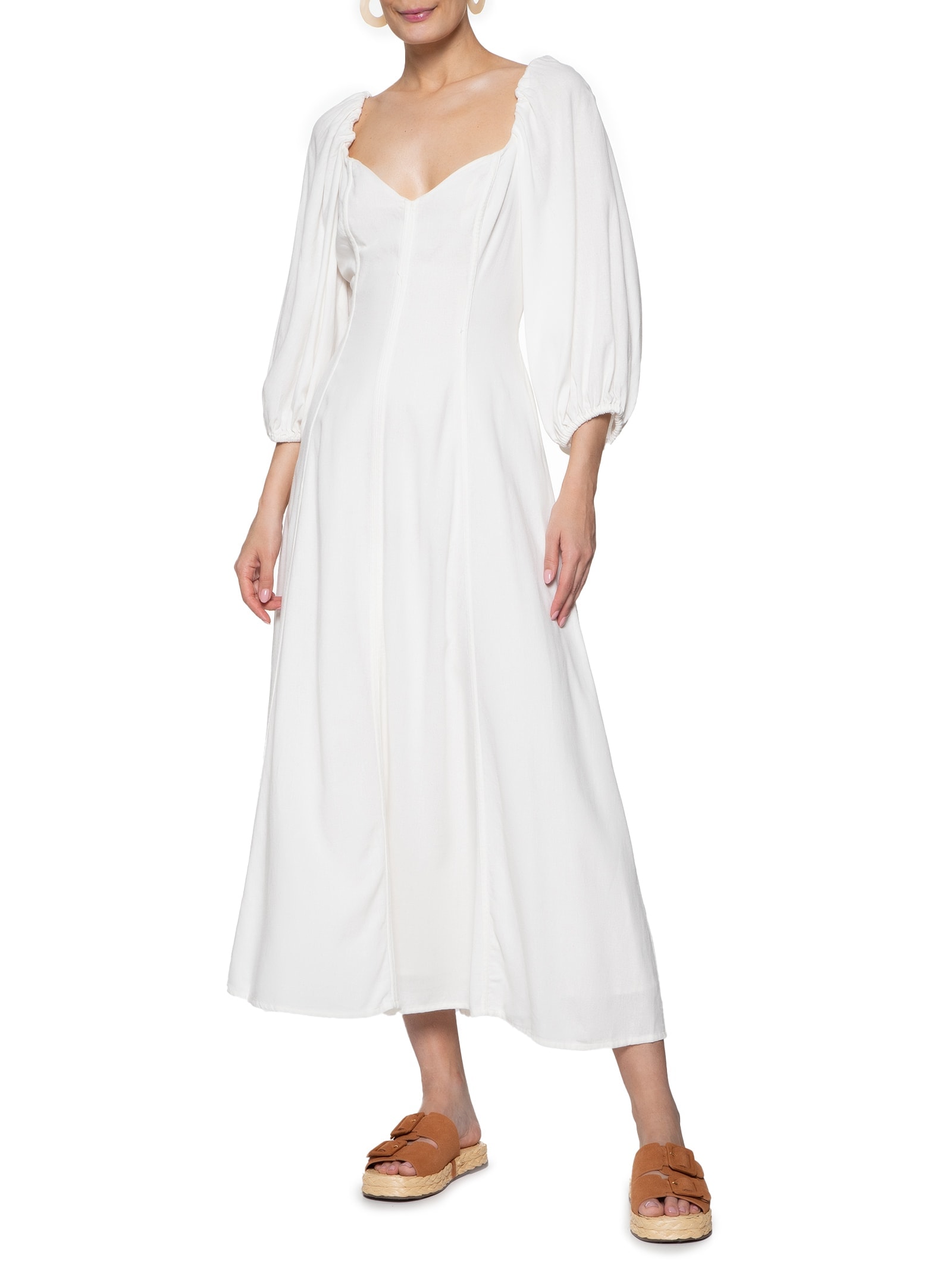 Vestido Midi Mangas Viés Branco Farm