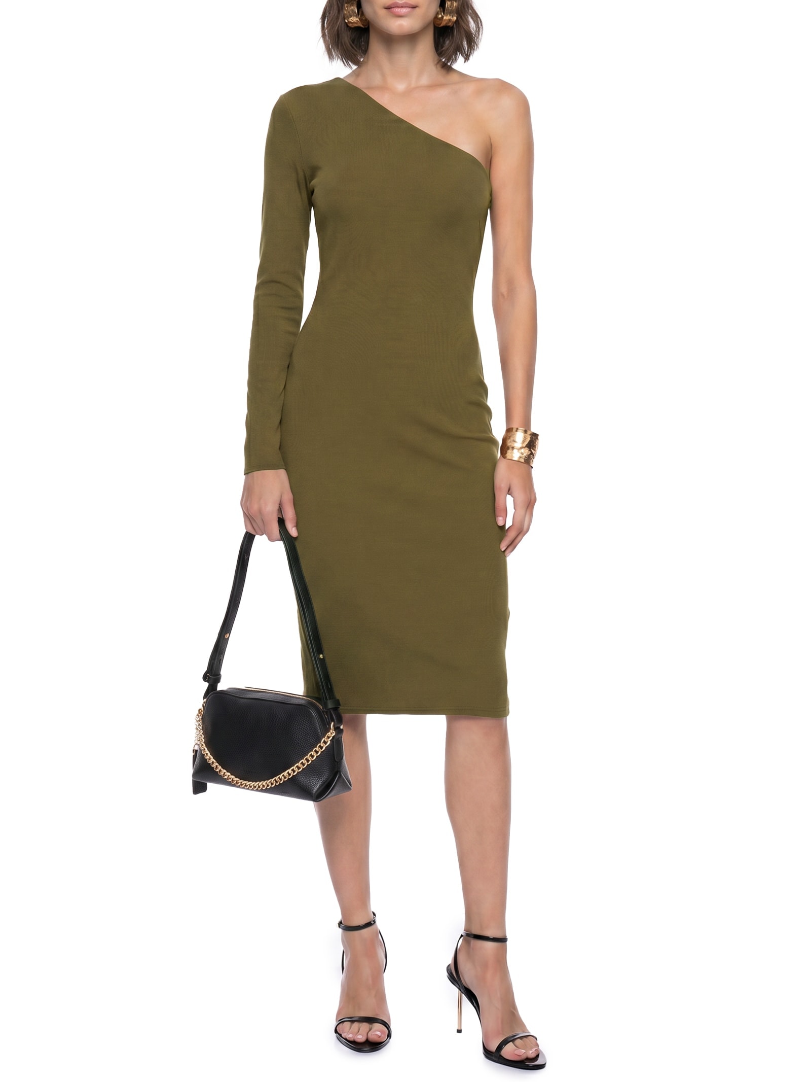 Vestido Midi Ombro Único De Malha Pesada Verde Lança Perfume