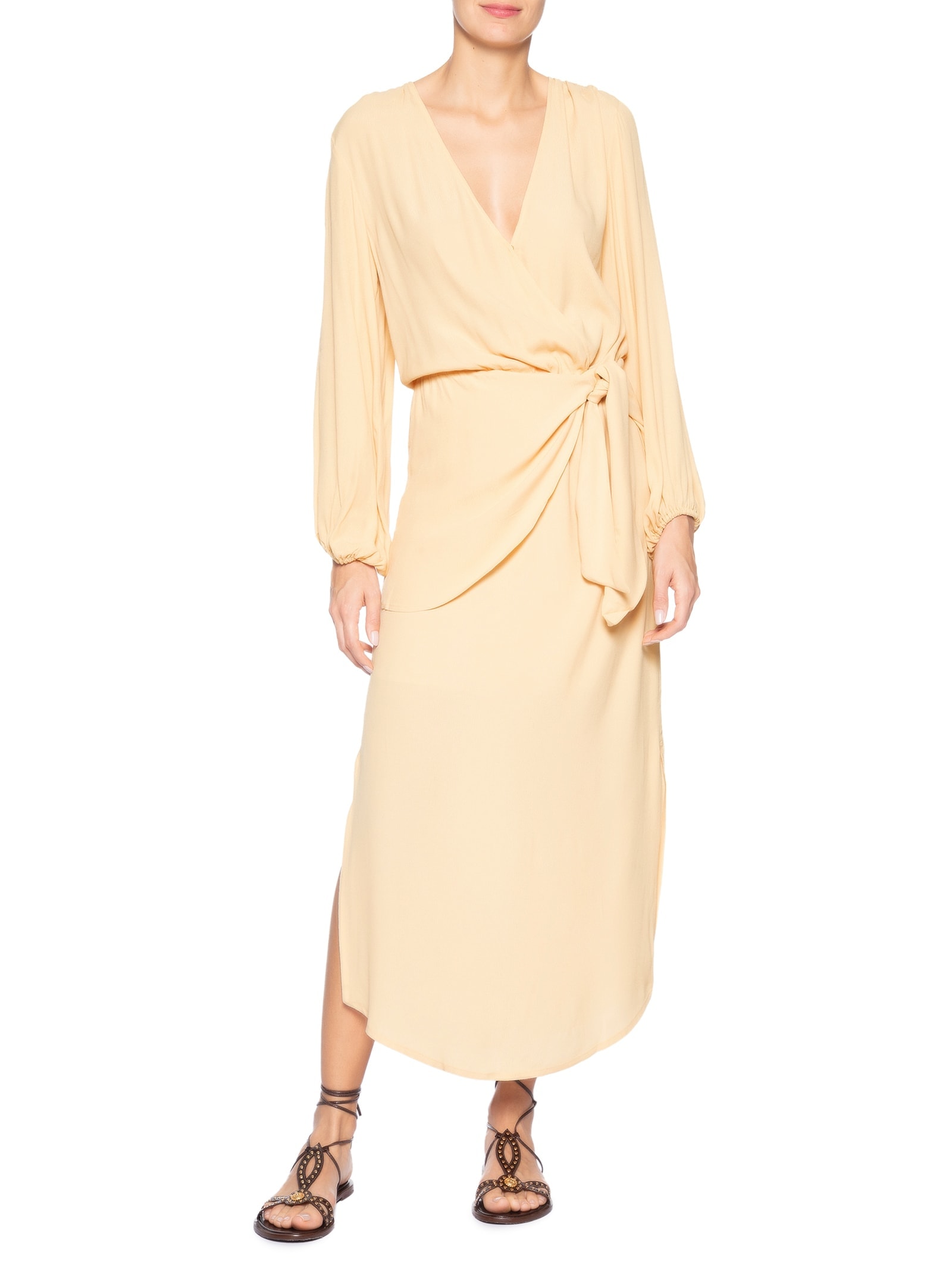 Vestido Midi Pala Faixa Bege Maria Filó