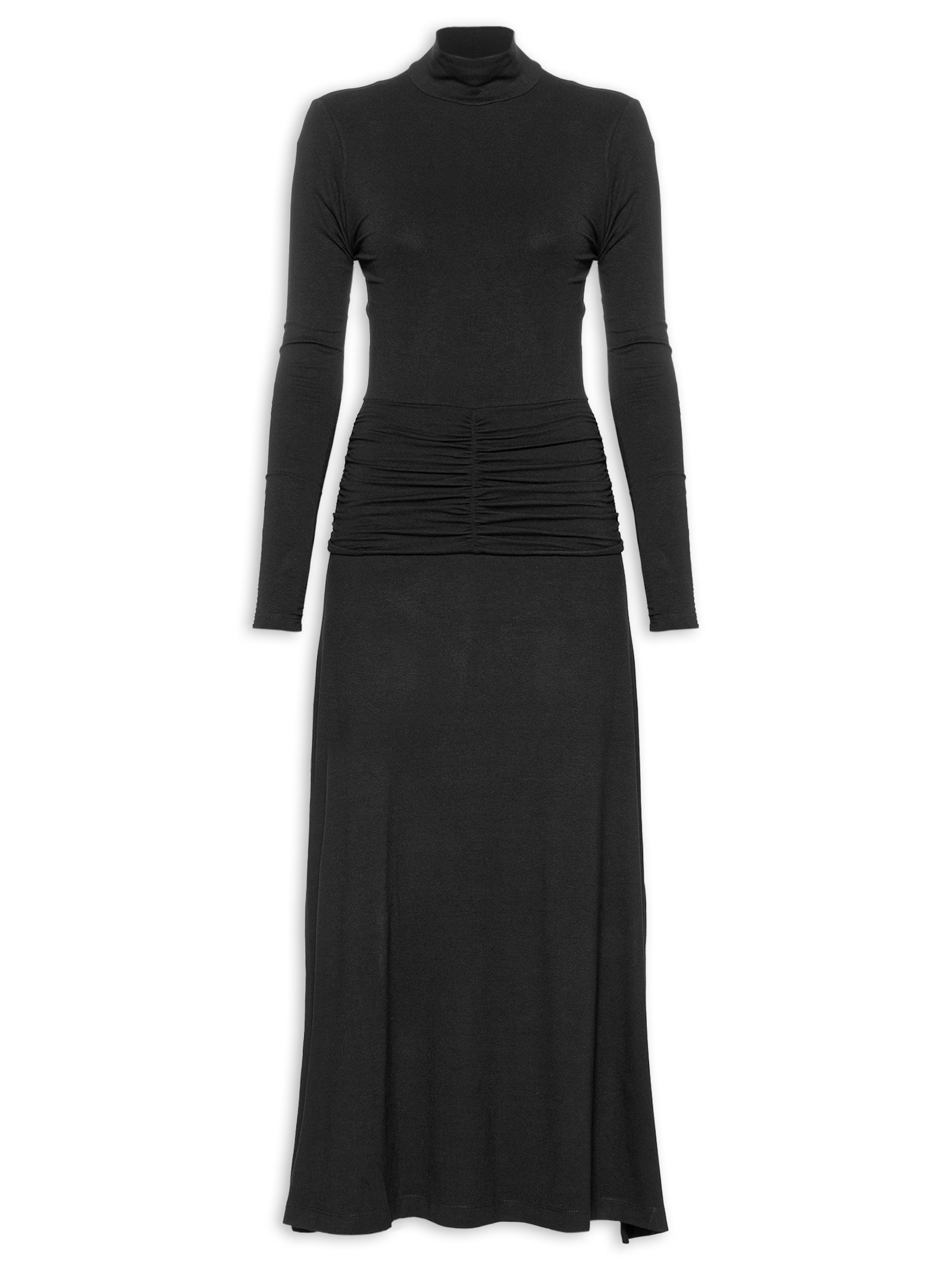 Vestido Midi Pala Franzido Preto Animale