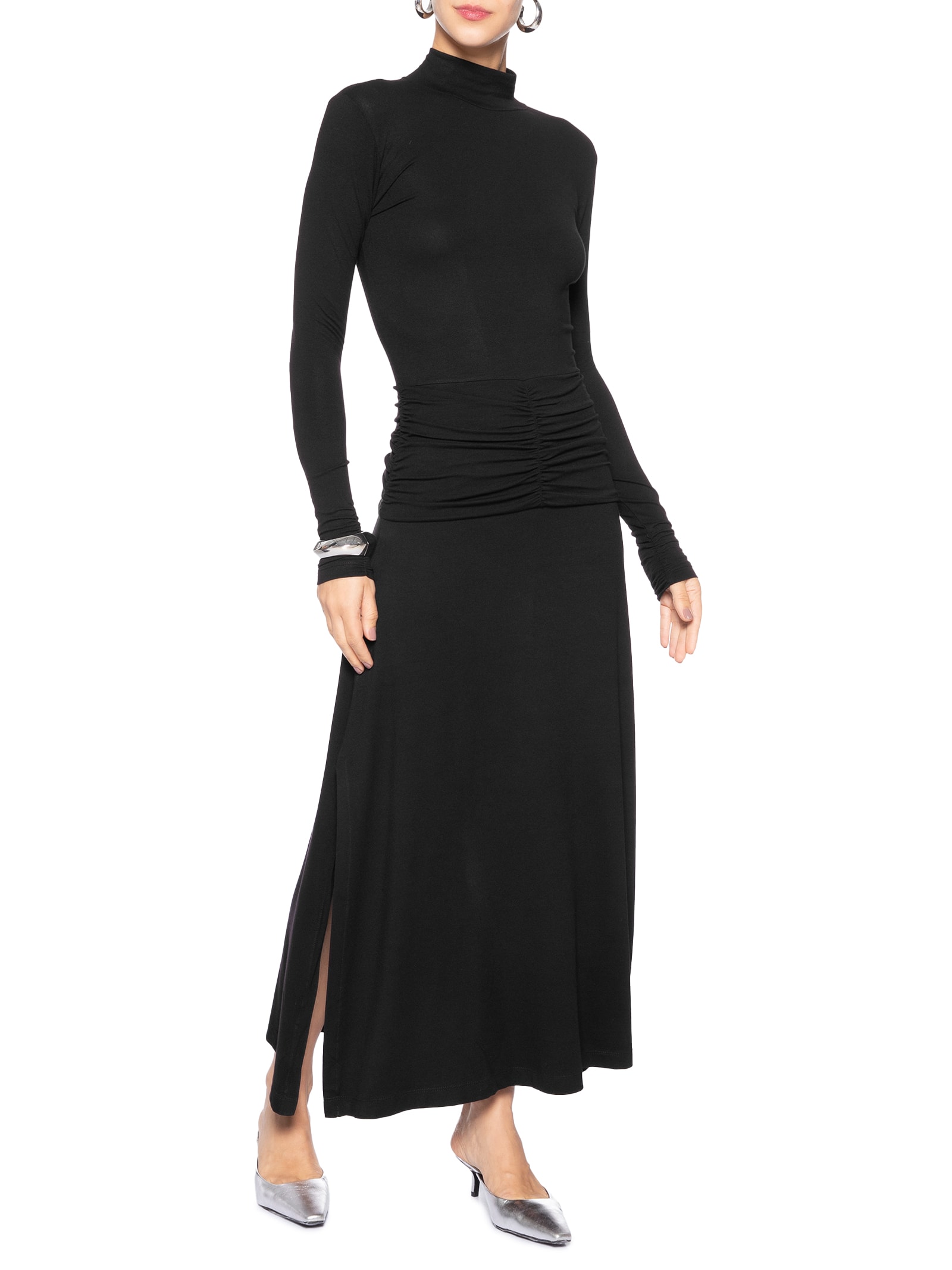 Vestido Midi Pala Franzido Preto Animale