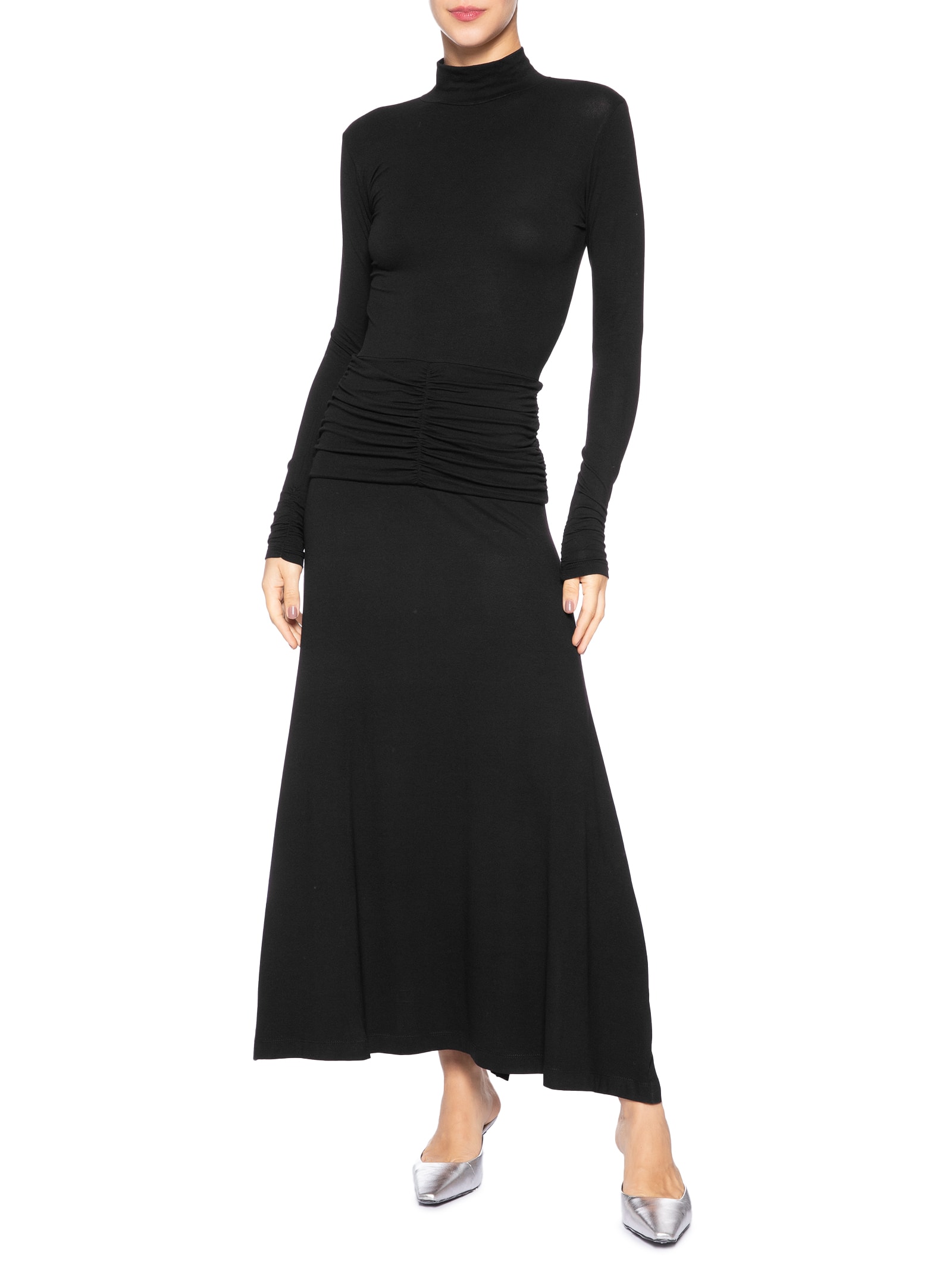 Vestido Midi Pala Franzido Preto Animale