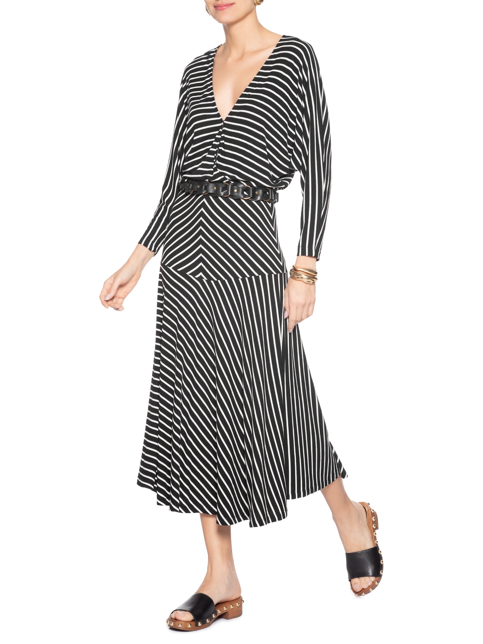 Vestido Midi Pala Listras Preto Maria Filó