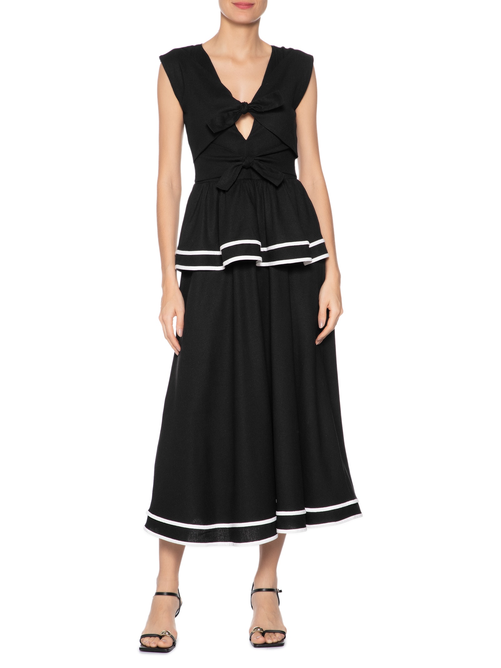 Vestido Midi Peplum Em Linho Misto Preto '2Essential