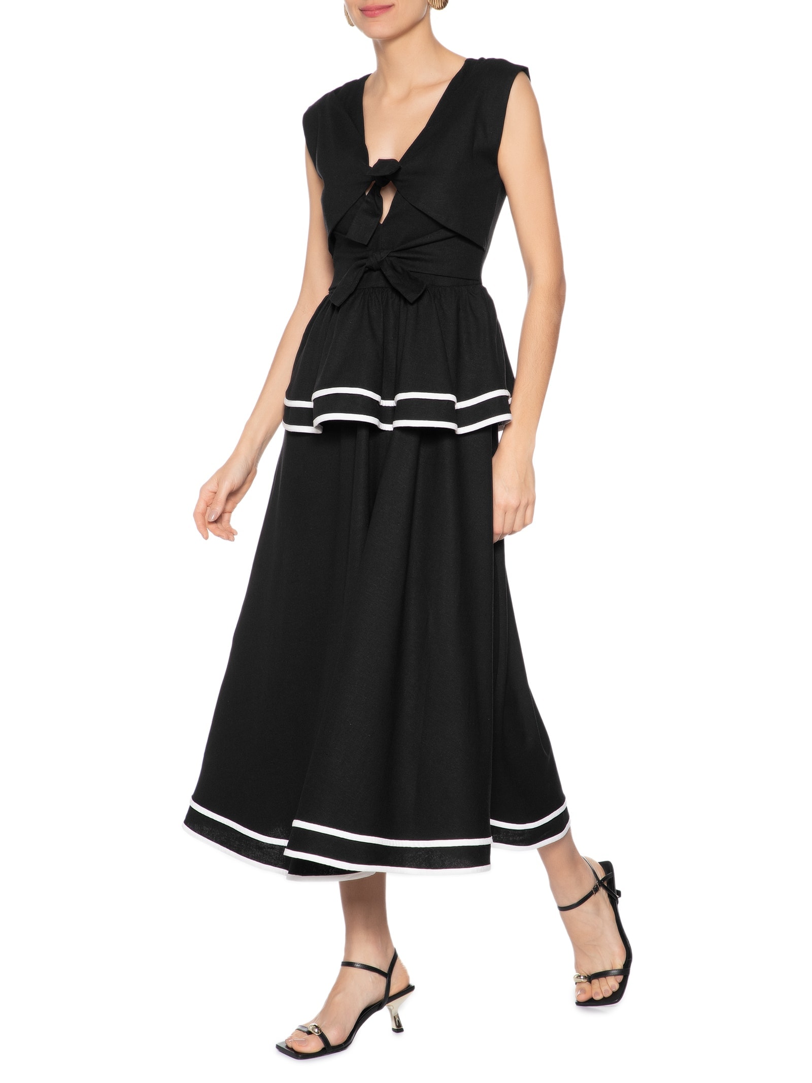 Vestido Midi Peplum Em Linho Misto Preto '2Essential