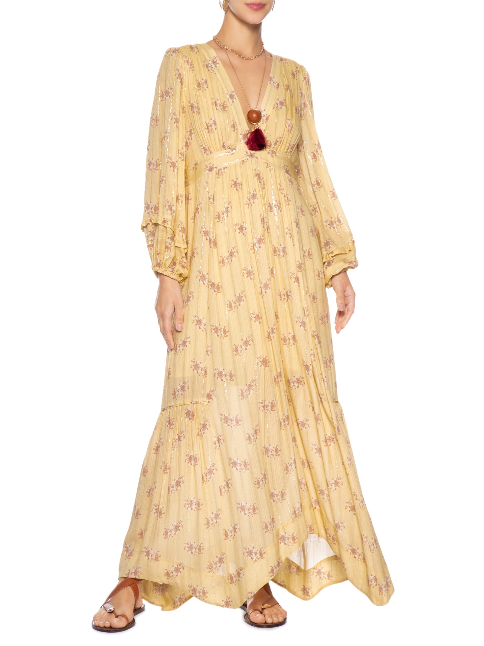 Vestido Midi Pontas Estampa Mini Fleur Amarelo Maria Filó