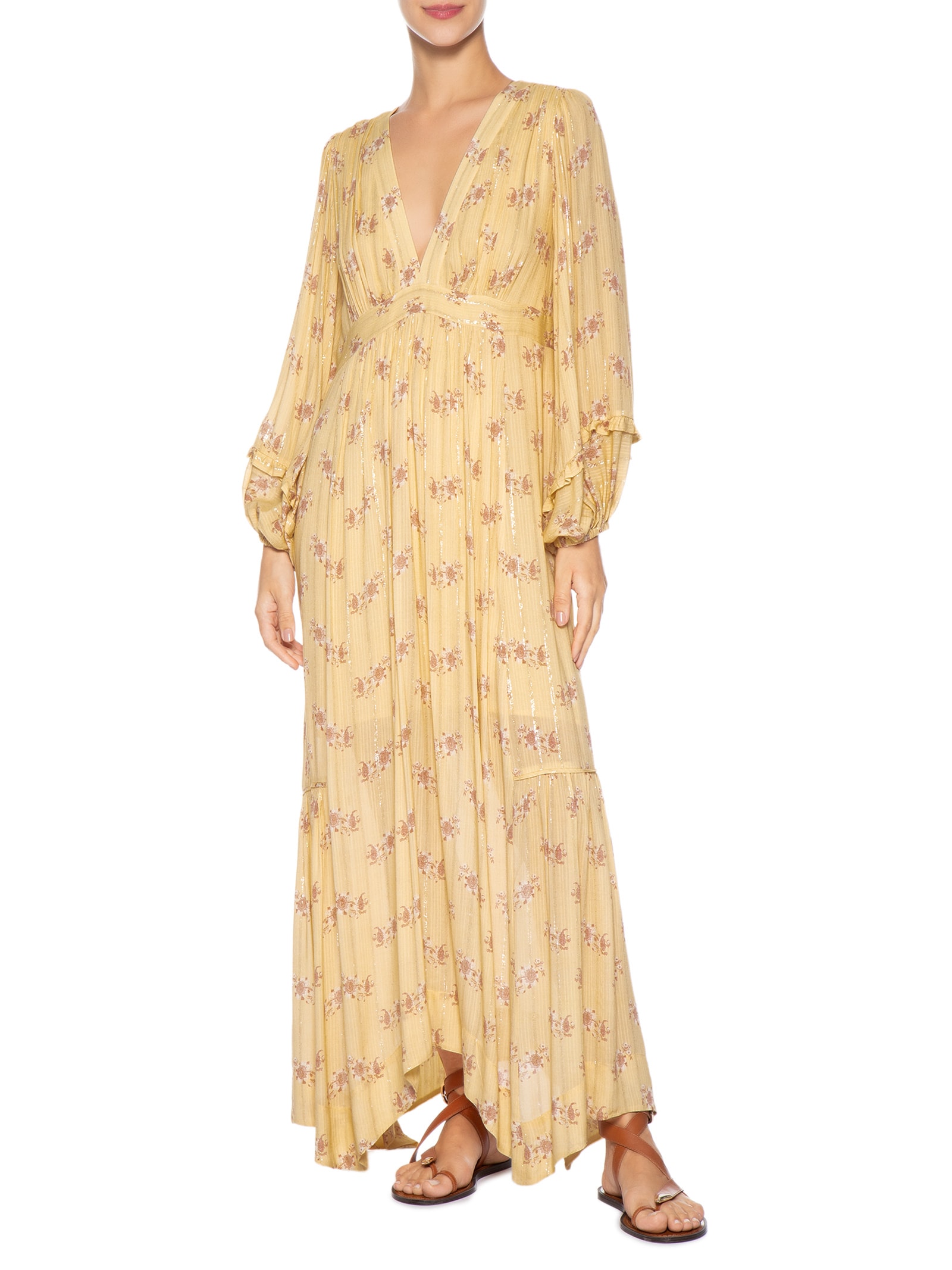 Vestido Midi Pontas Estampa Mini Fleur Amarelo Maria Filó