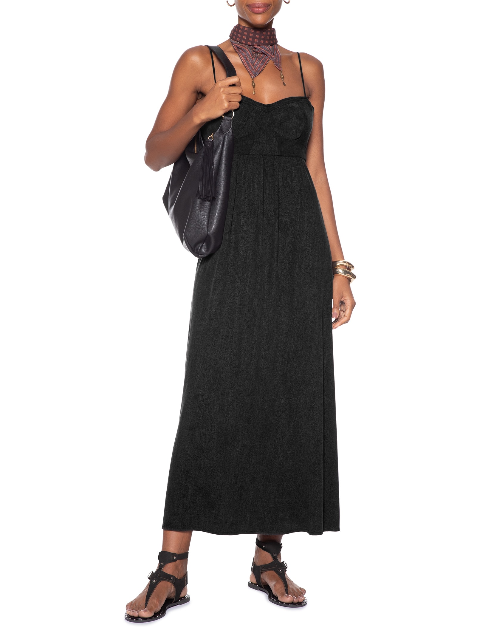 Vestido Midi Recortes Busto Preto Maria Filó