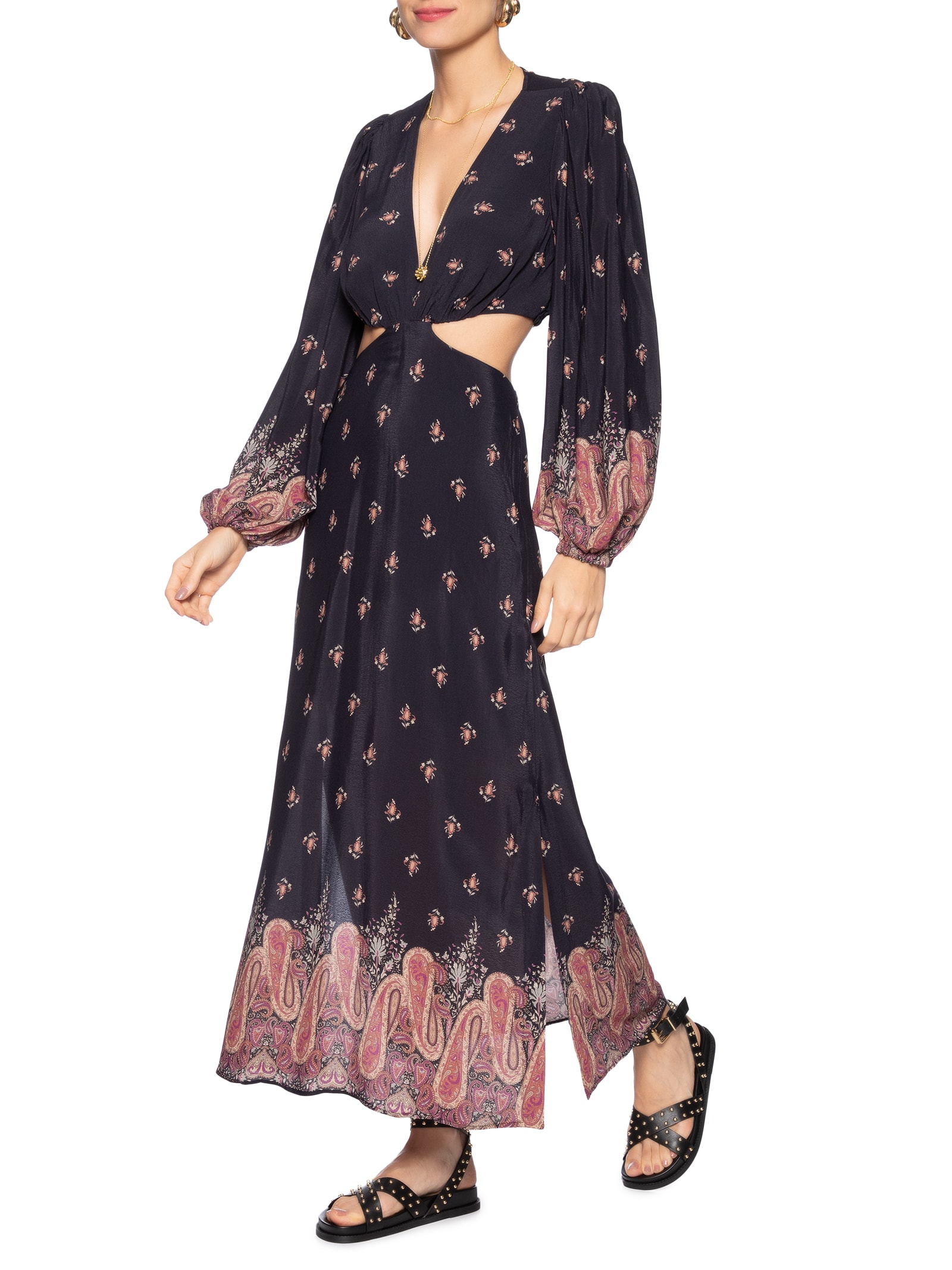 Vestido Midi Recortes Estampa Mian Preto Maria Filó