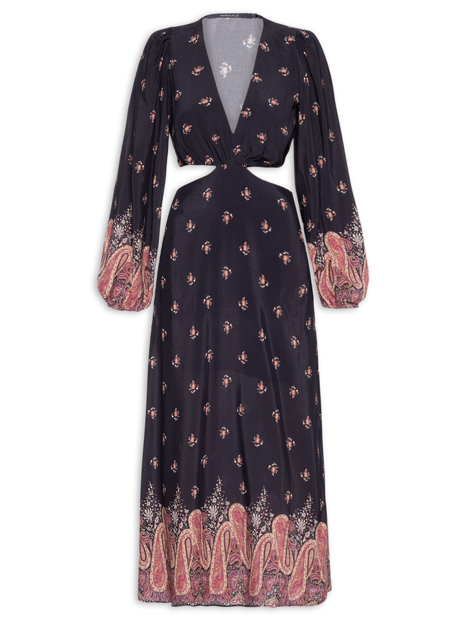 Vestido Midi Recortes Estampa Mian Preto Maria Filó