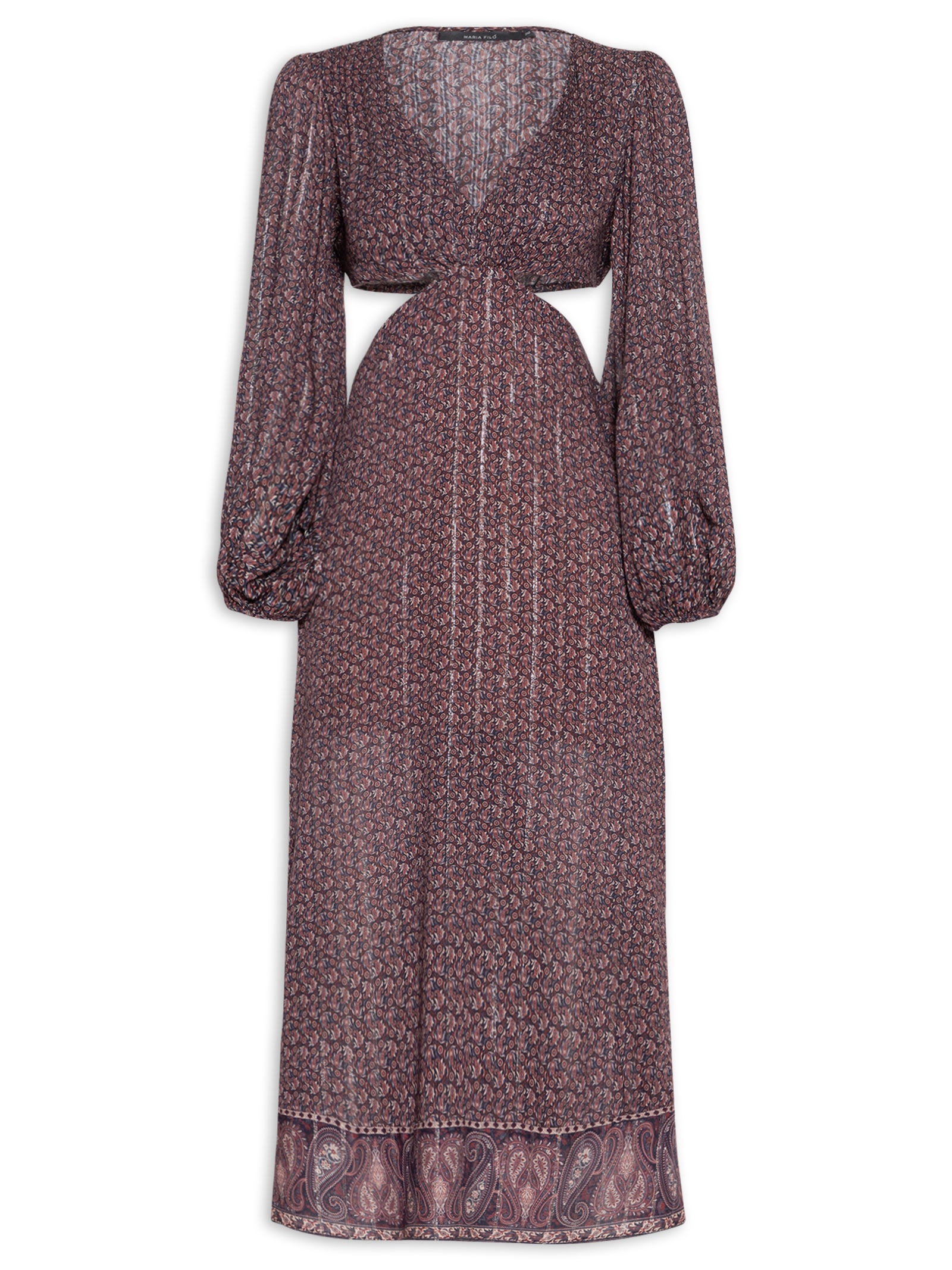 Vestido Midi Recortes Estampa Trevo Marrom Maria Filó