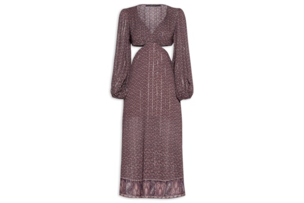 Vestido Midi Recortes Estampa Trevo - Marrom