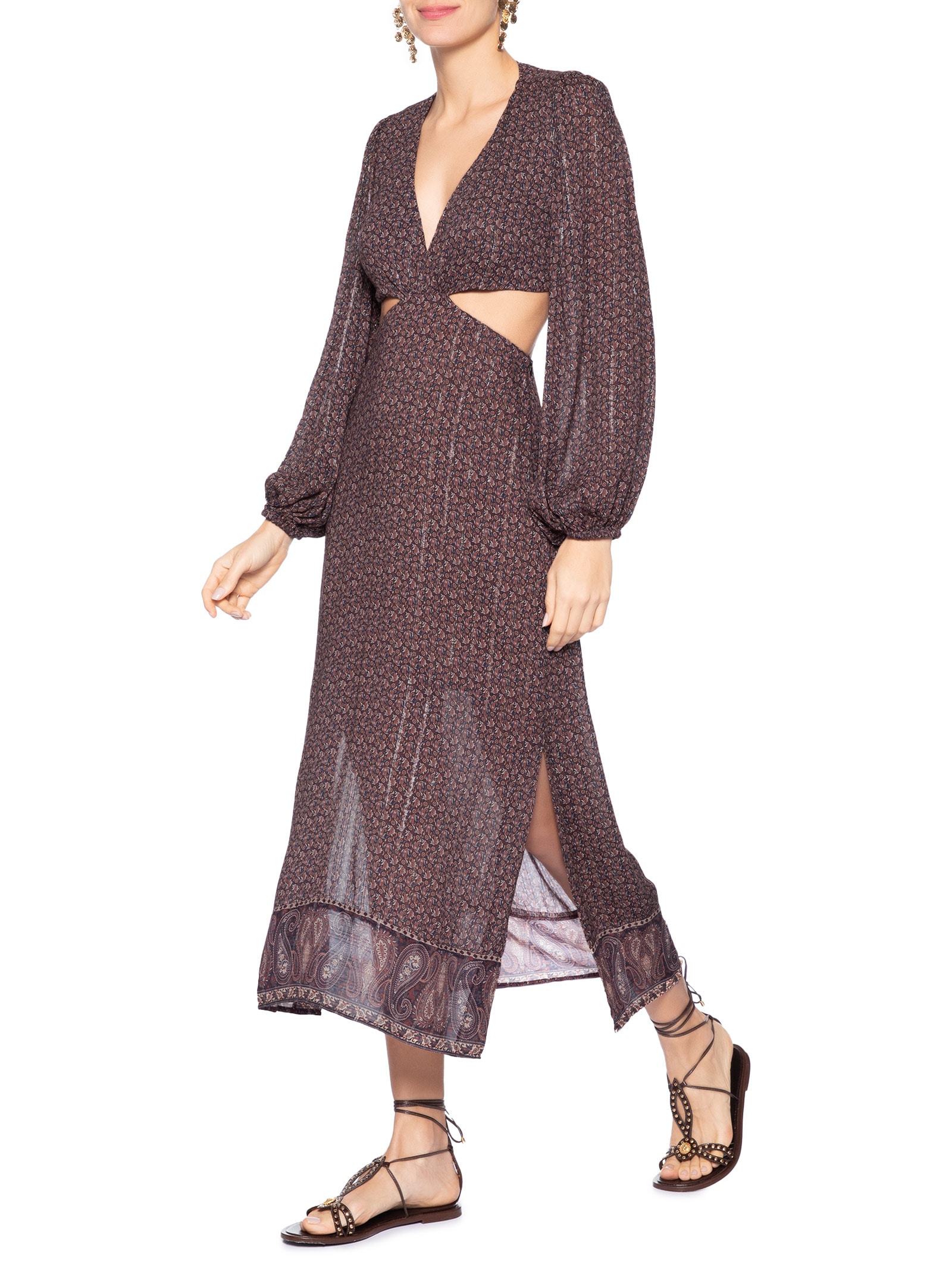 Vestido Midi Recortes Estampa Trevo Marrom Maria Filó