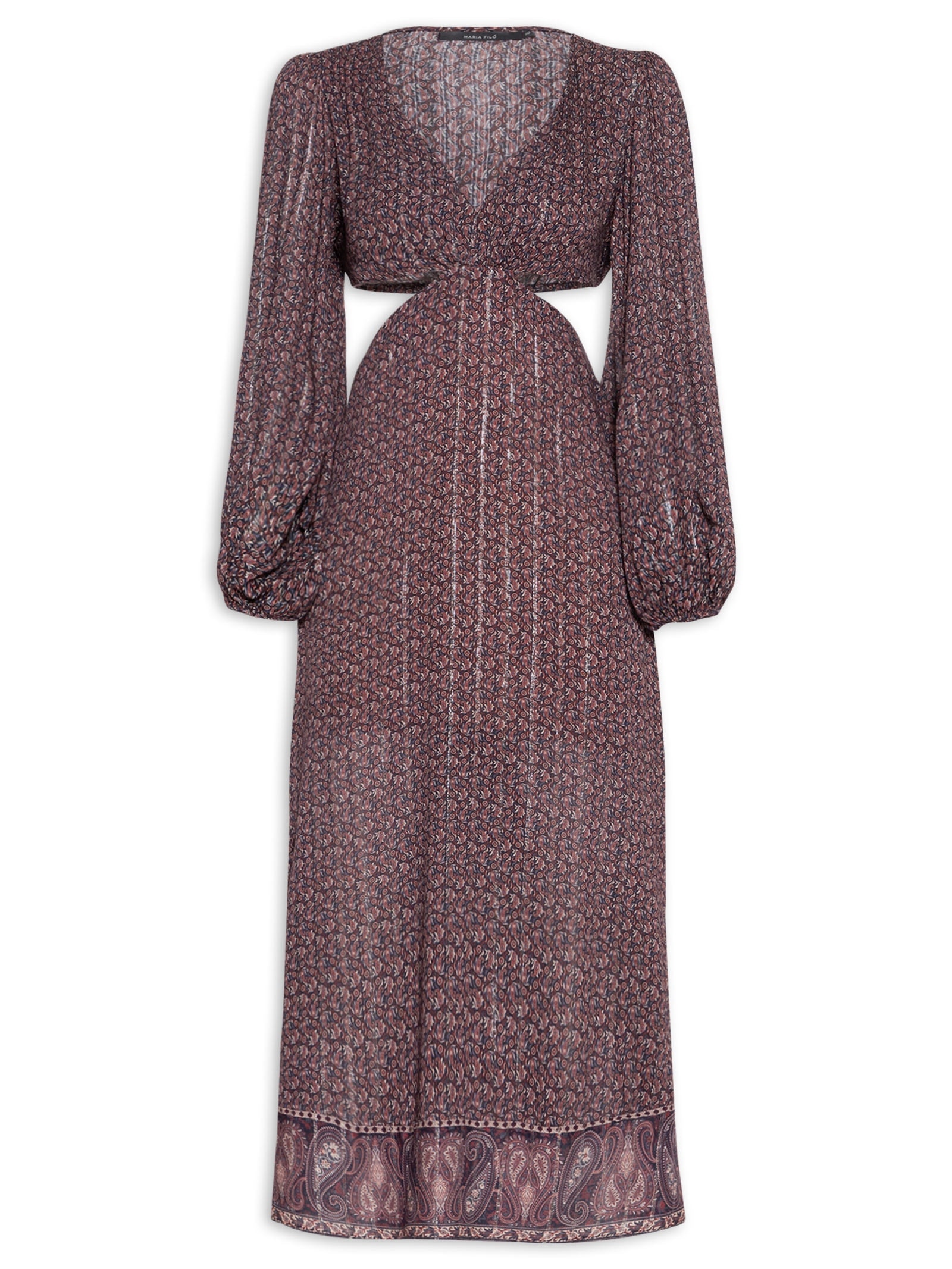 Vestido Midi Recortes Estampa Trevo Marrom Maria Filó