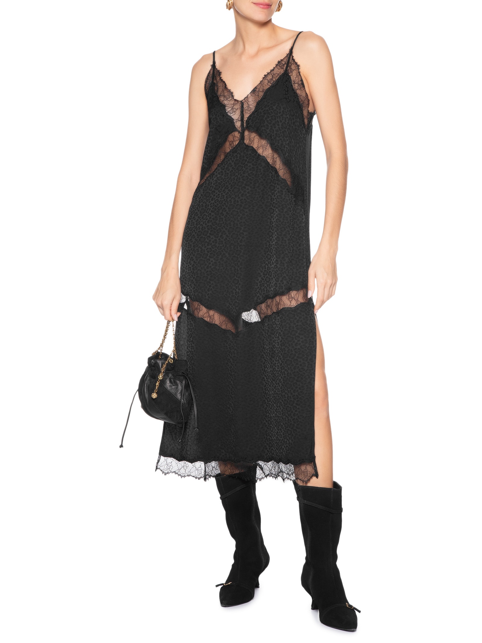 Vestido Midi Renda Jacquard Preto Animale