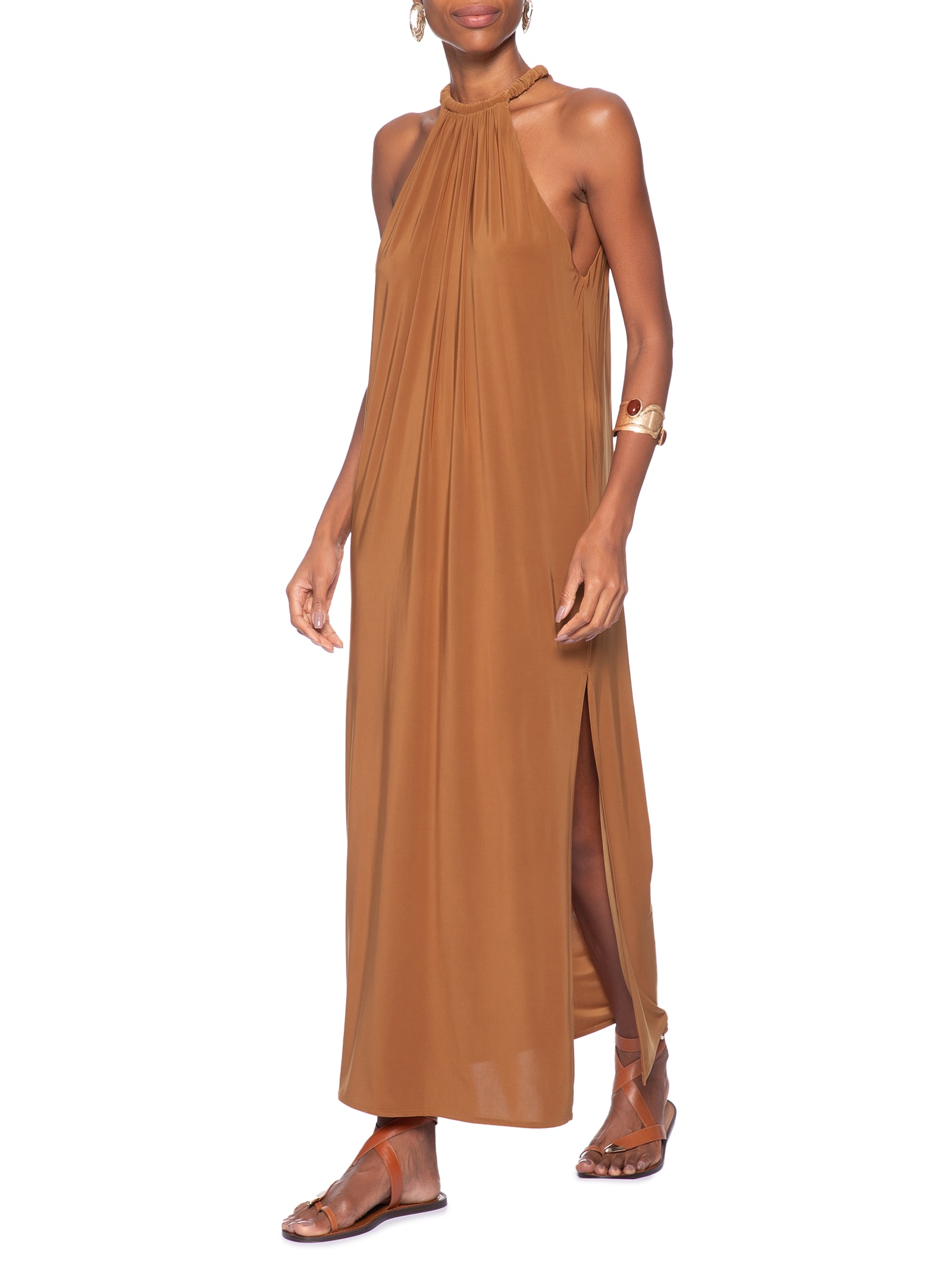 Vestido Midi Reto Jersey Marrom Animale