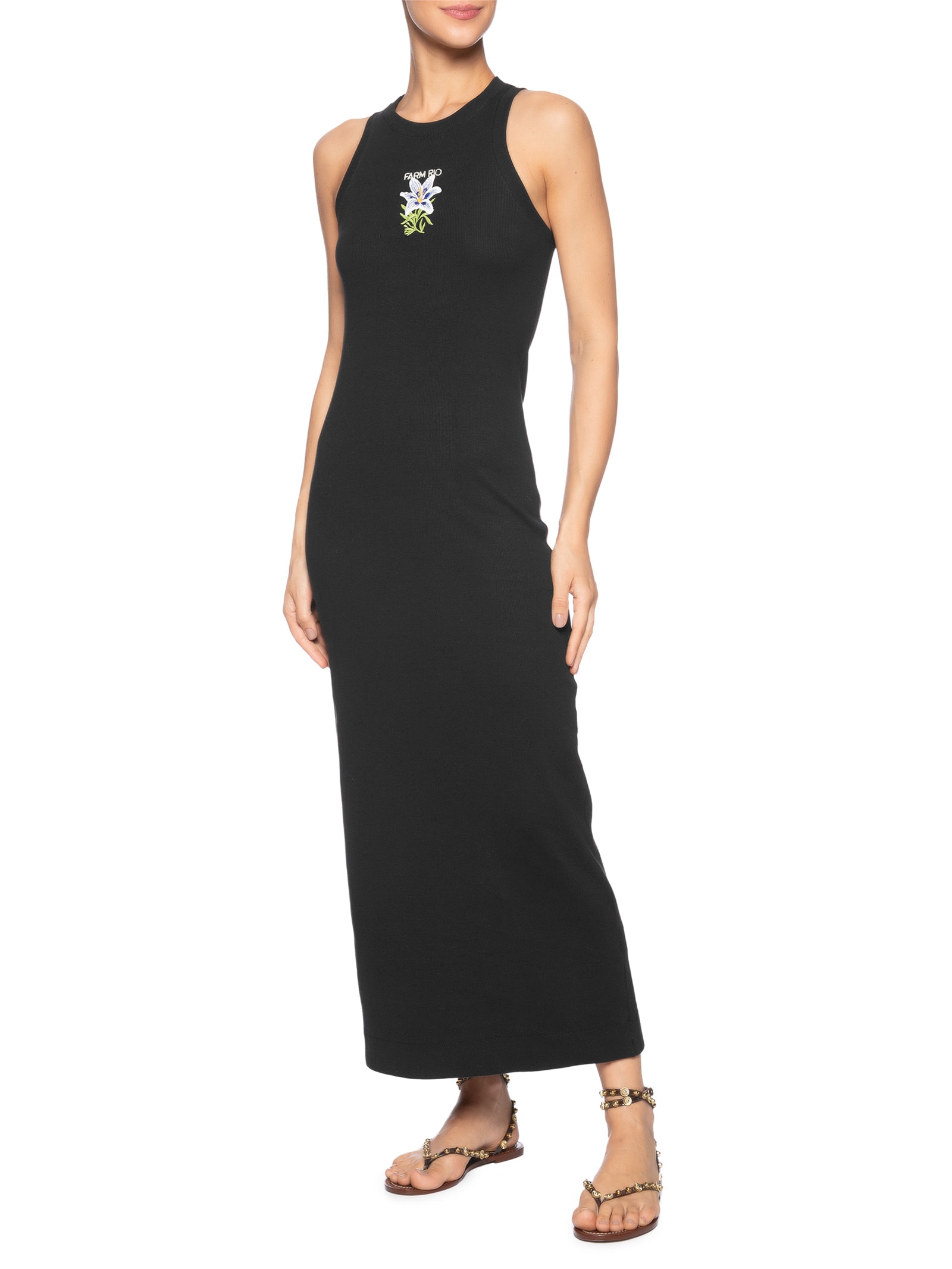 Vestido Midi Rib Maxi Flor Preto Farm