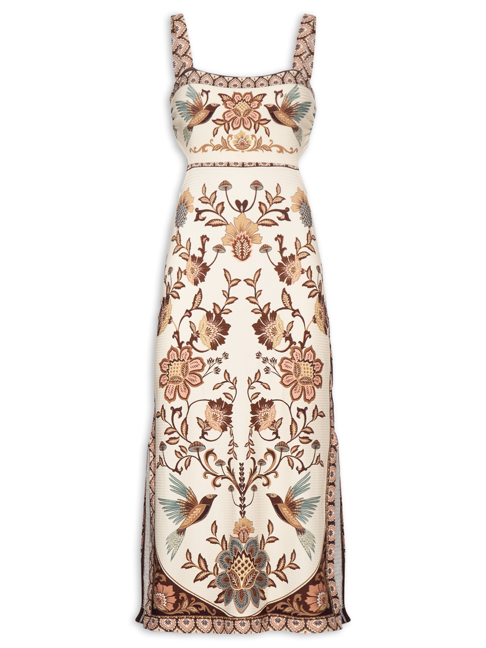 Vestido Midi Romance De Pássaro Bege Farm