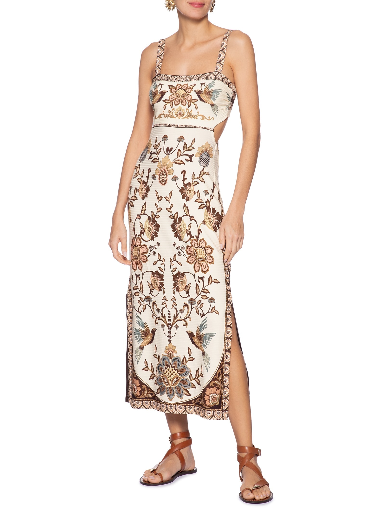 Vestido Midi Romance De Pássaro Bege Farm
