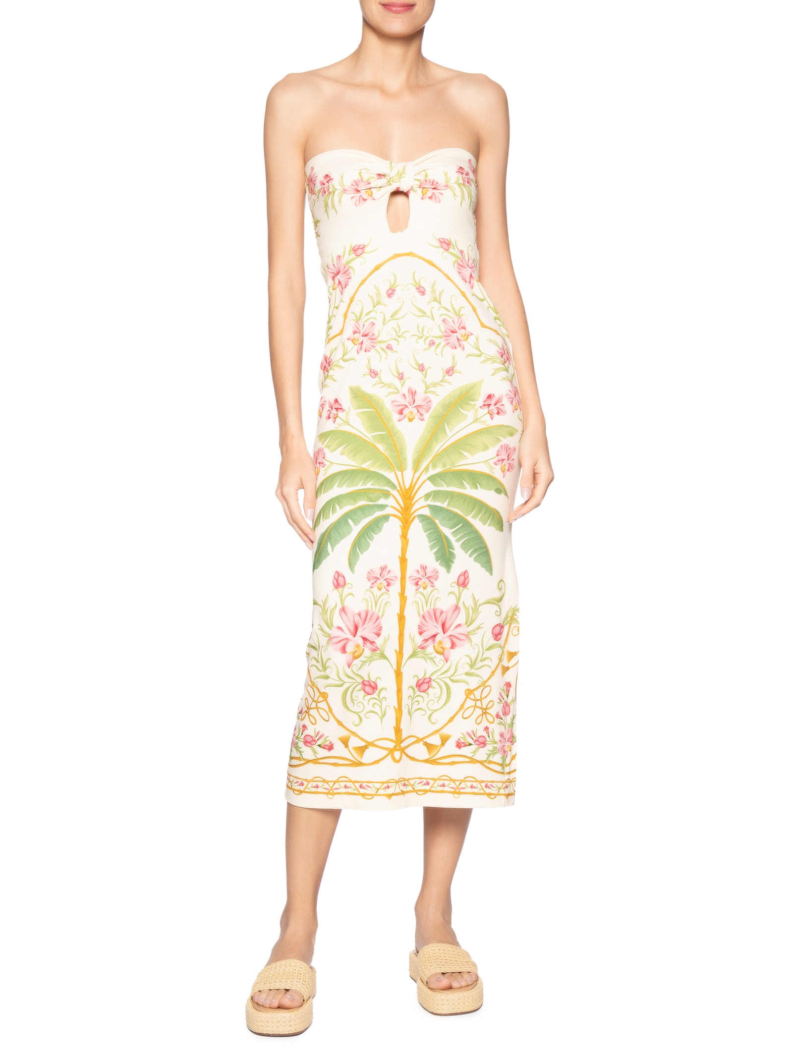 Vestido Midi Sem Alça Floral Nusa Off White Farm