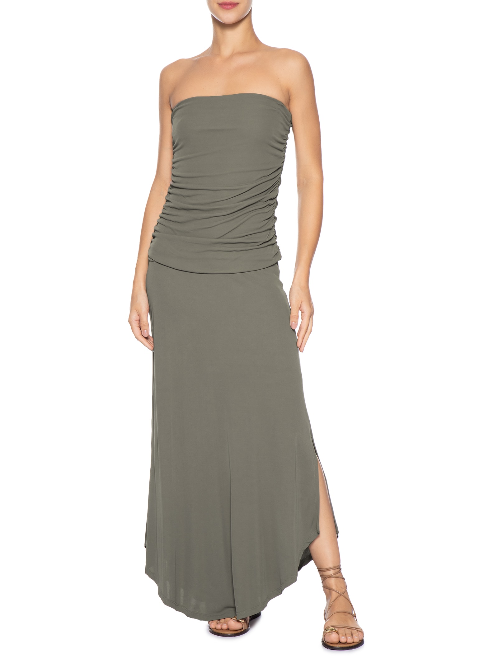 Vestido Midi Sem Alça Franzido Marrom Maria Filó