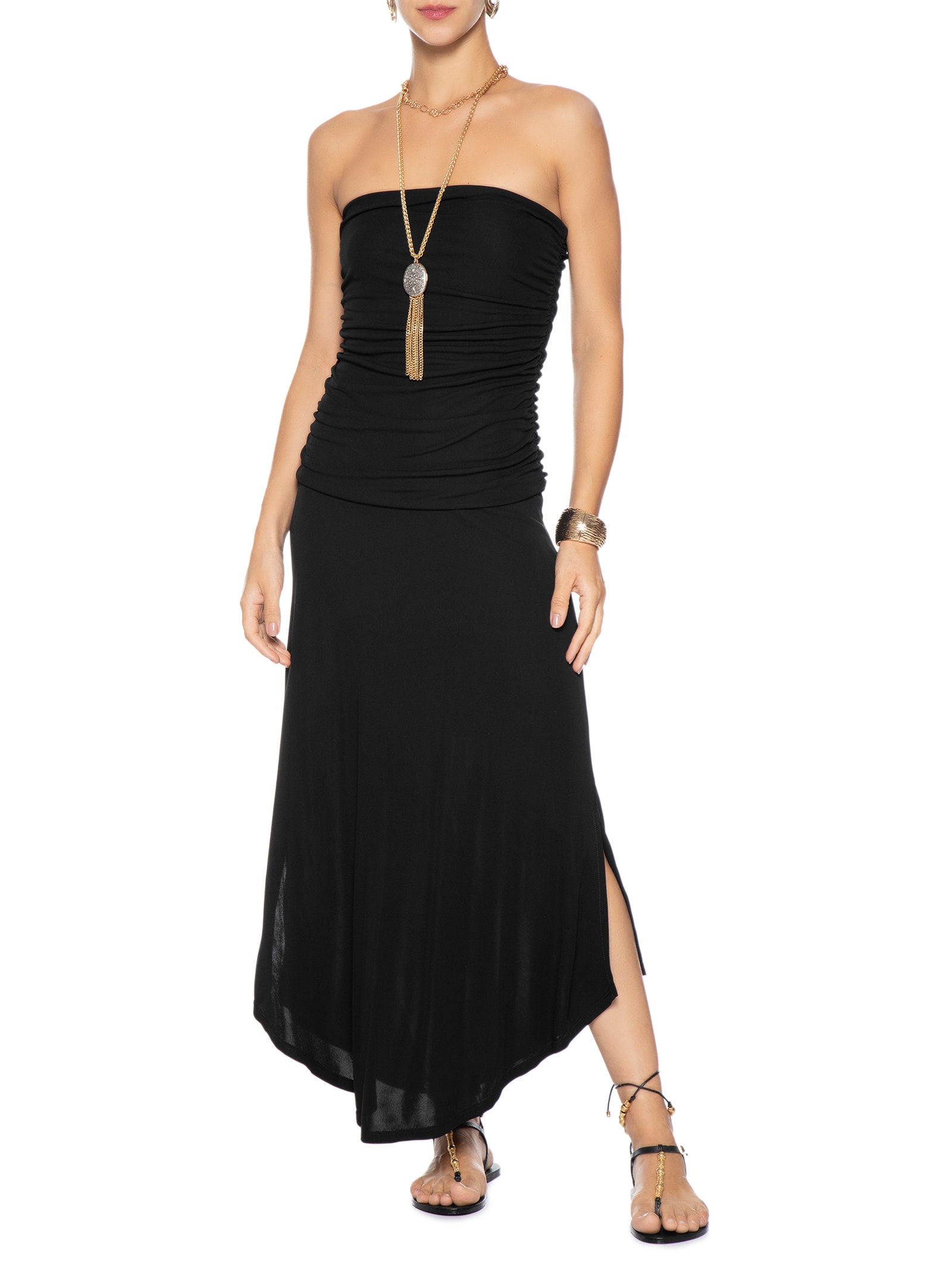 Vestido Midi Sem Alça Franzido Preto Maria Filó