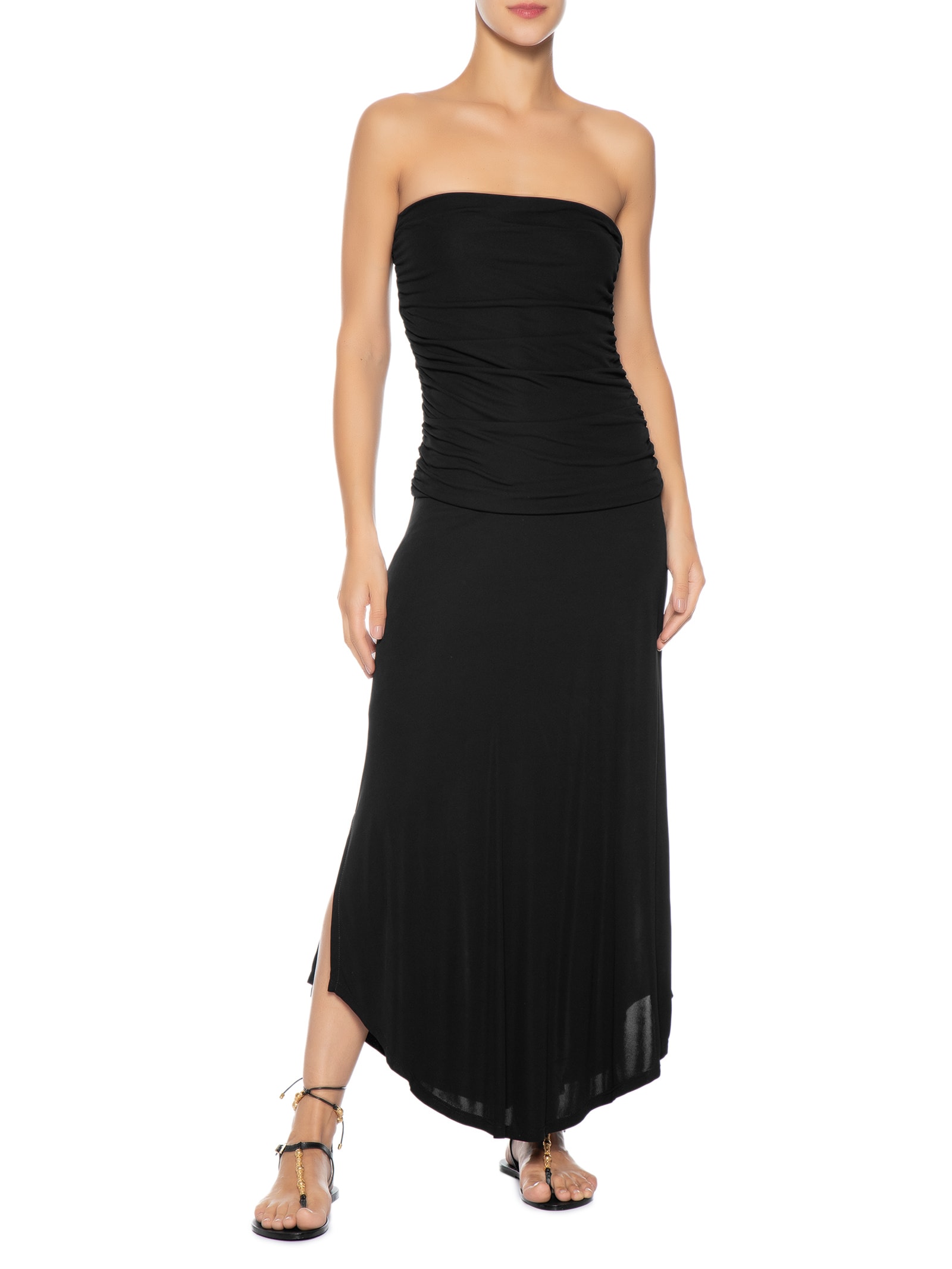 Vestido Midi Sem Alça Franzido Preto Maria Filó