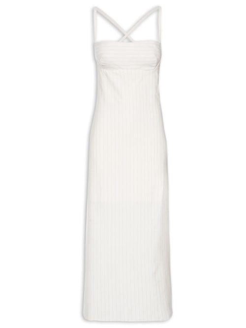 Vestido Midi Stripes Linho Decote Quadrado – Off White