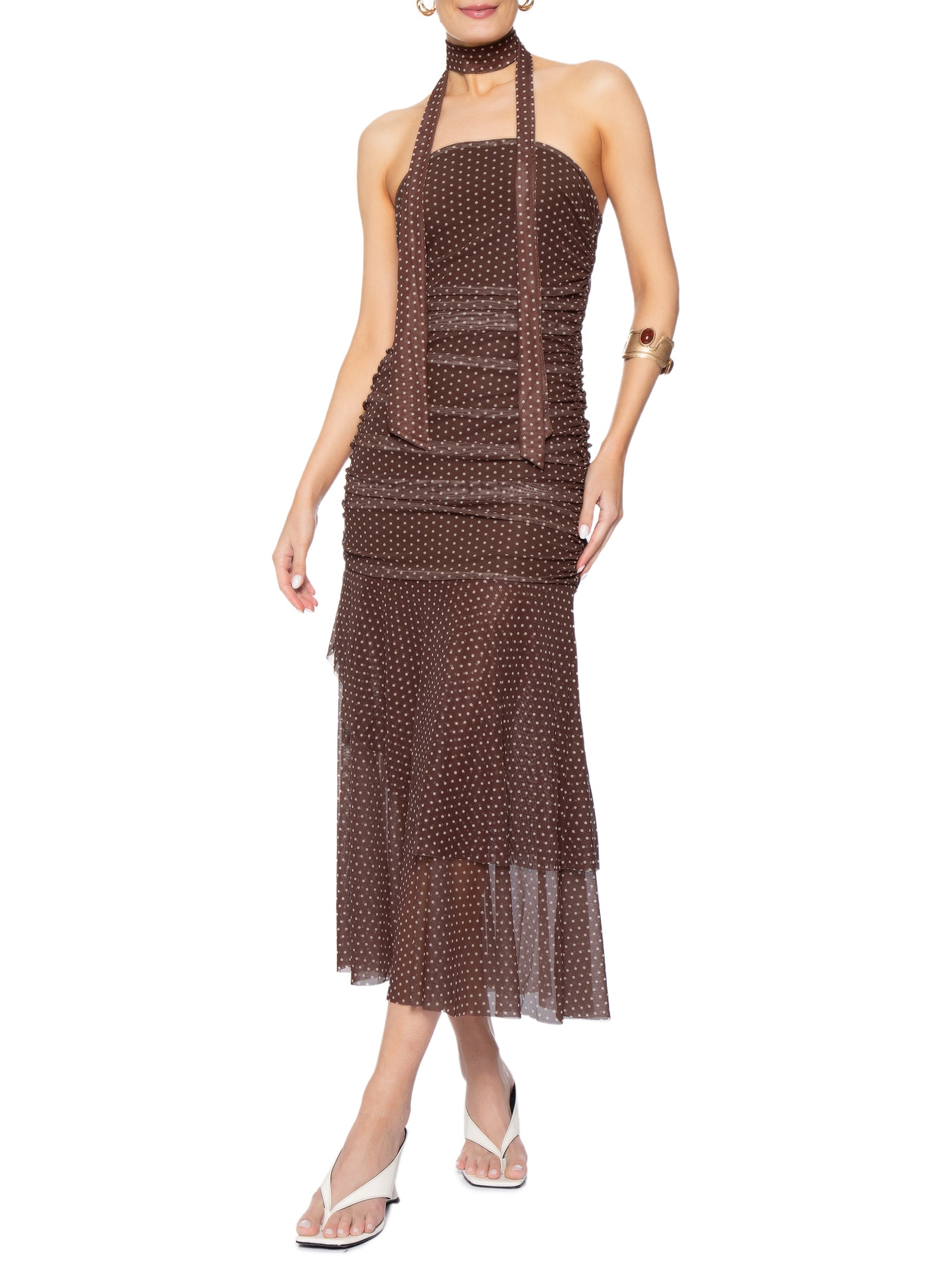 Vestido Midi Tomara Que Caia em Poá Marrom Market 33