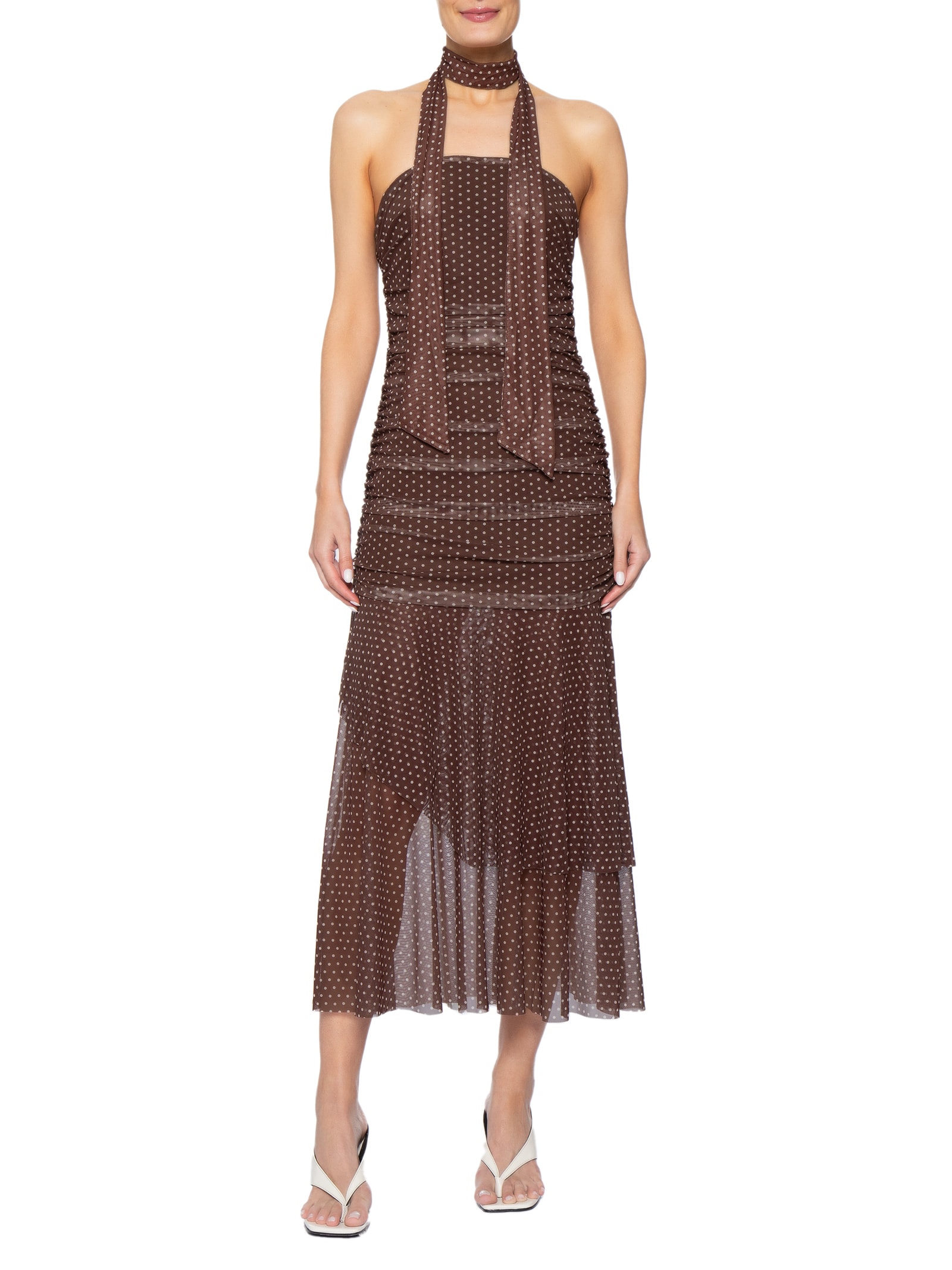 Vestido Midi Tomara Que Caia em Poá Marrom Market 33