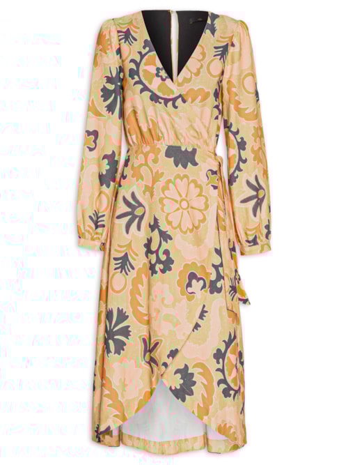 Vestido Midi Transpassado Estampa Mandala – Bege