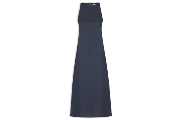 Vestido Midi Trapézio Com Linho - Azul