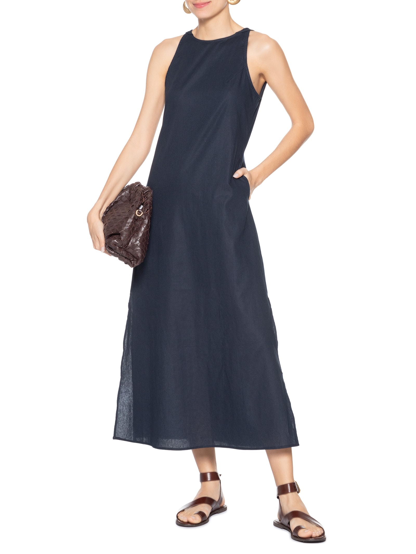 Vestido Midi Trapézio Com Linho Azul Basiq