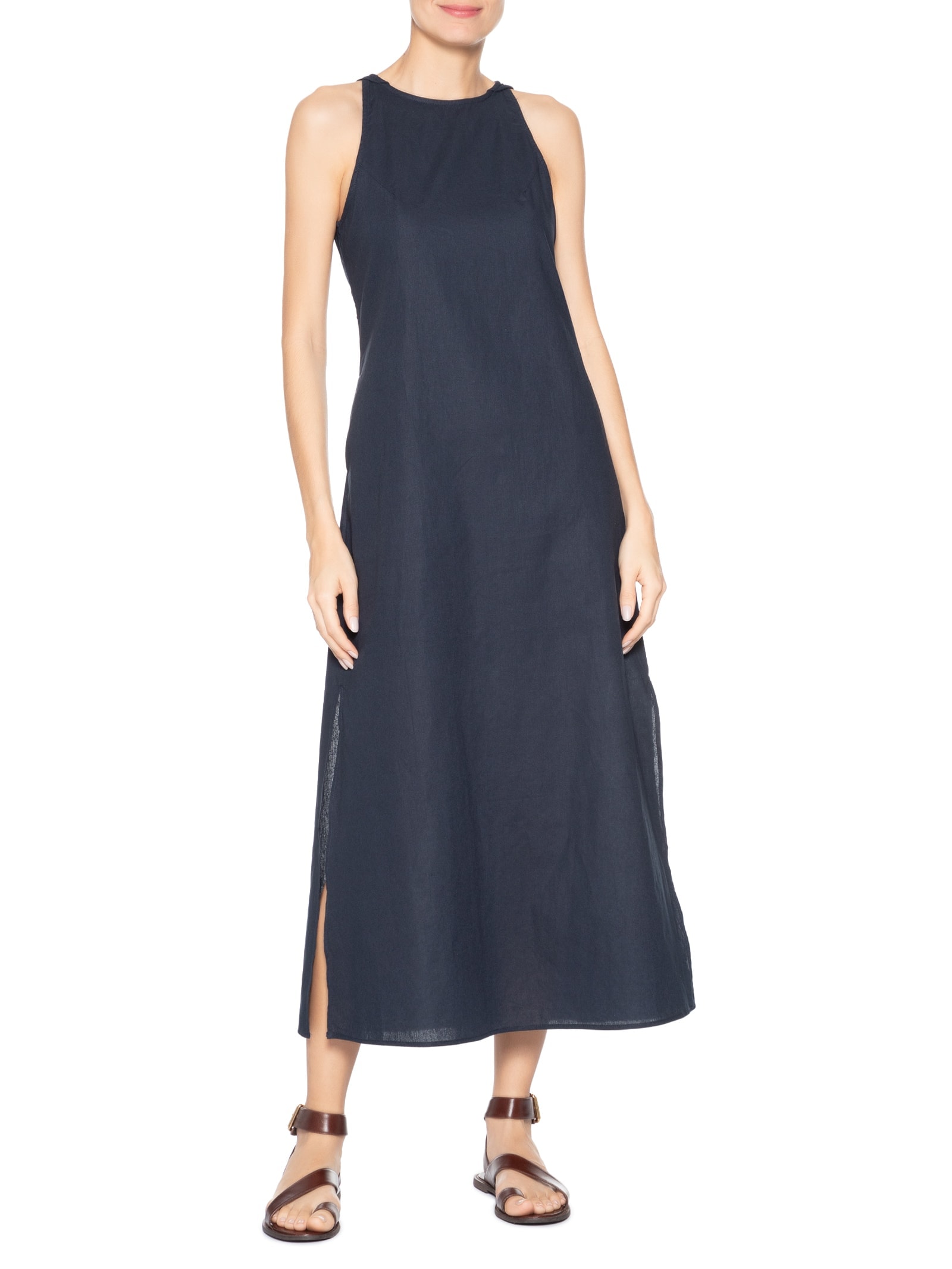 Vestido Midi Trapézio Com Linho Azul Basiq