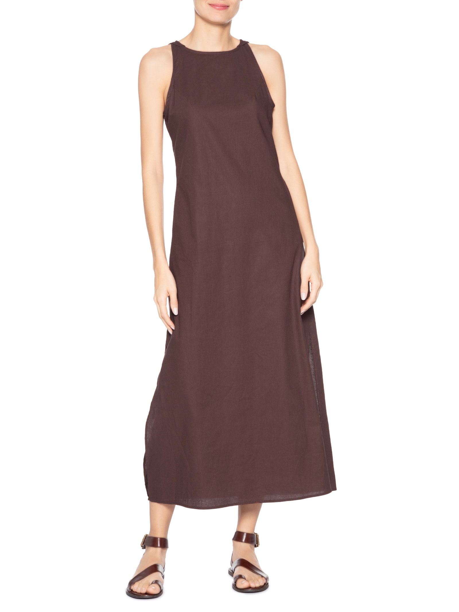 Vestido Midi Trapézio Com Linho Marrom Basiq